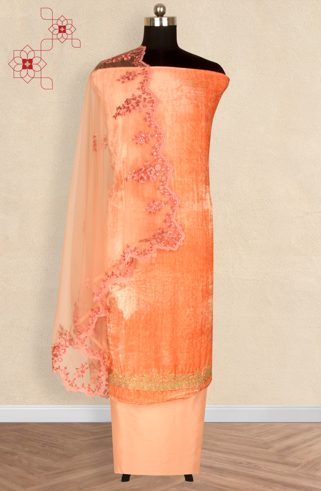 Designer Orange Pure Velvet Unstitched Salwar Kameez - ALI1203