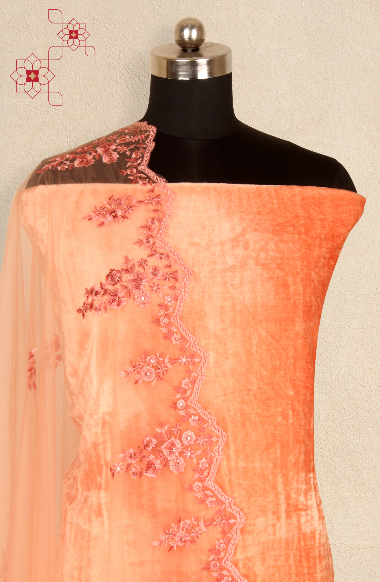 Designer Orange Pure Velvet Unstitched Salwar Kameez - ALI1203