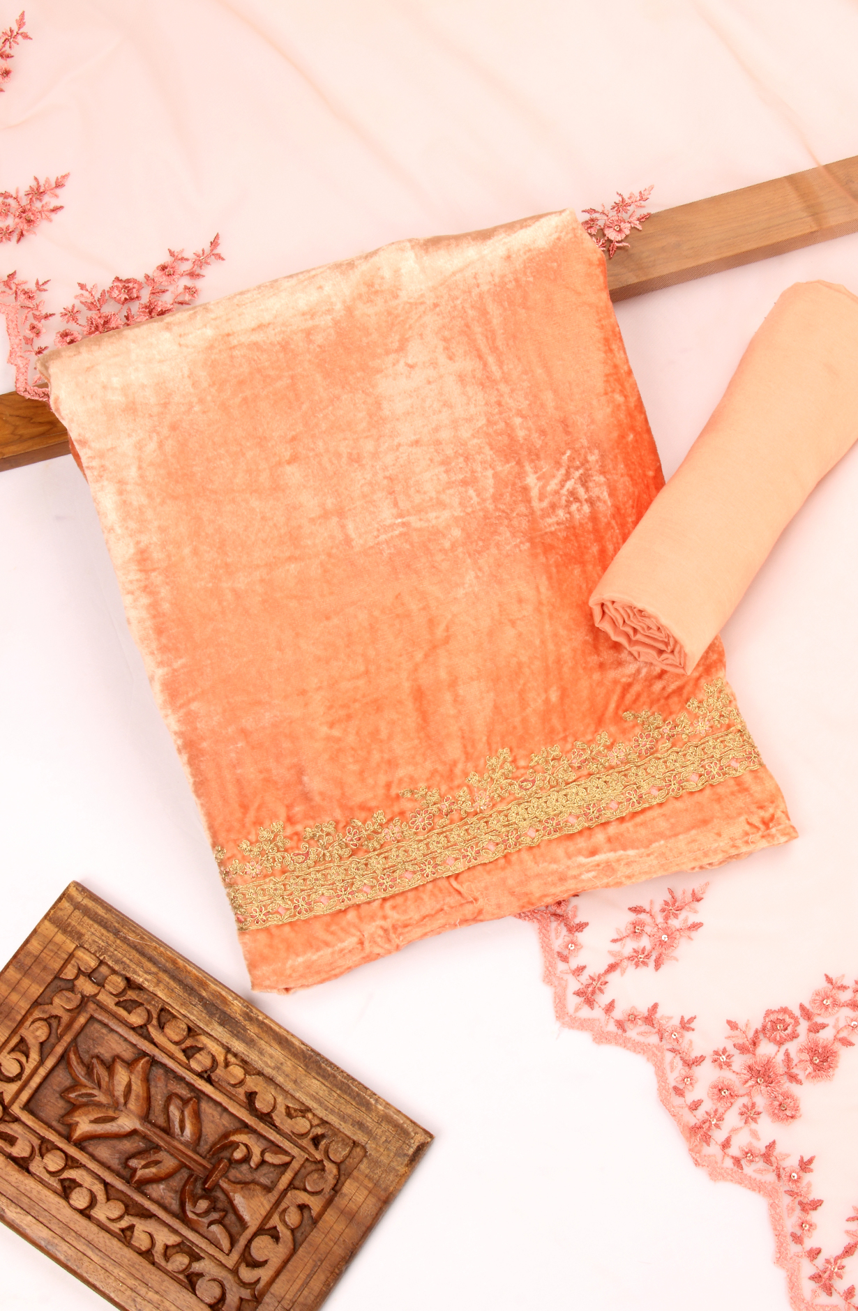 Designer Orange Pure Velvet Unstitched Salwar Kameez - ALI1203