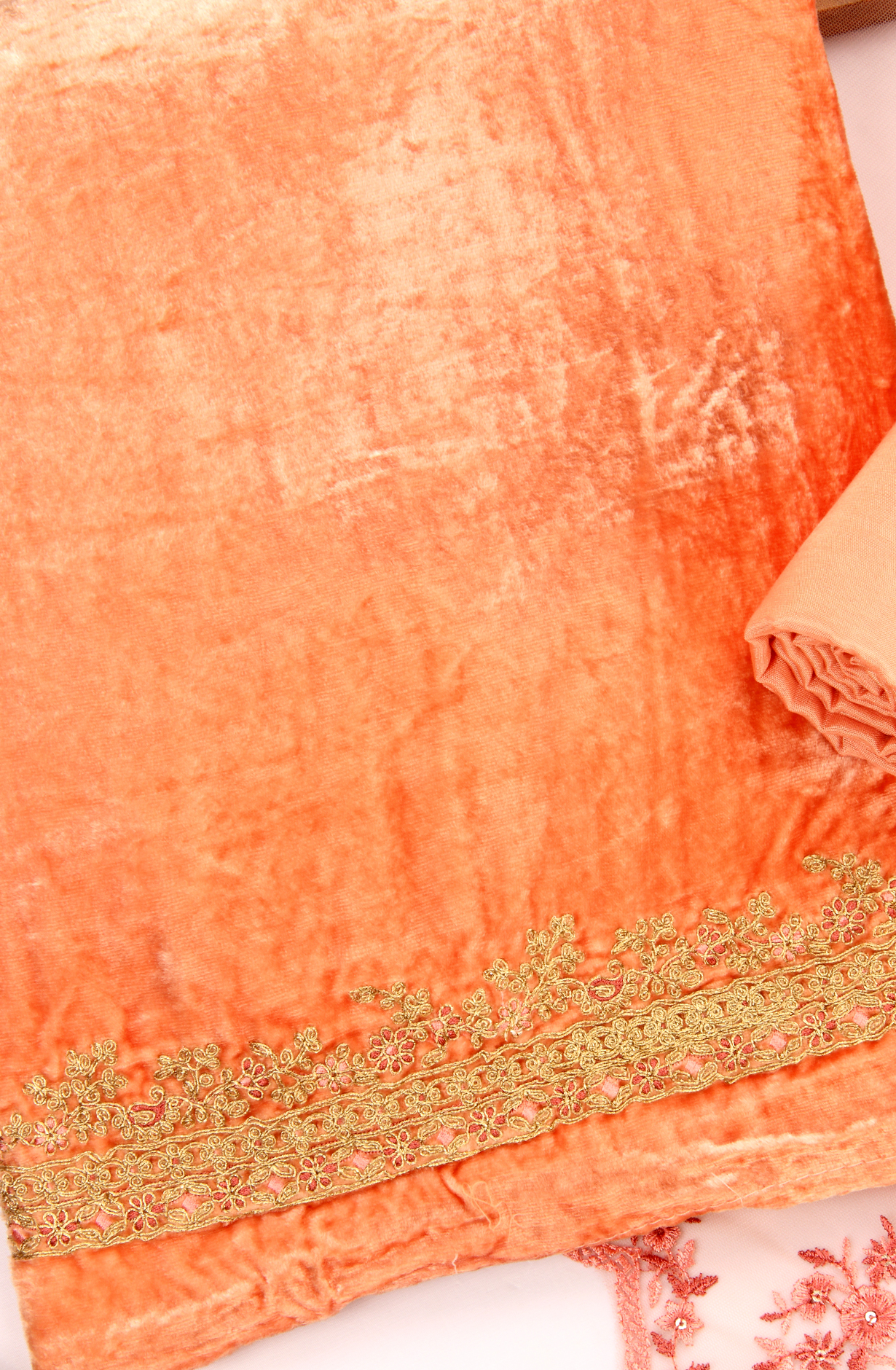 Designer Orange Pure Velvet Unstitched Salwar Kameez - ALI1203