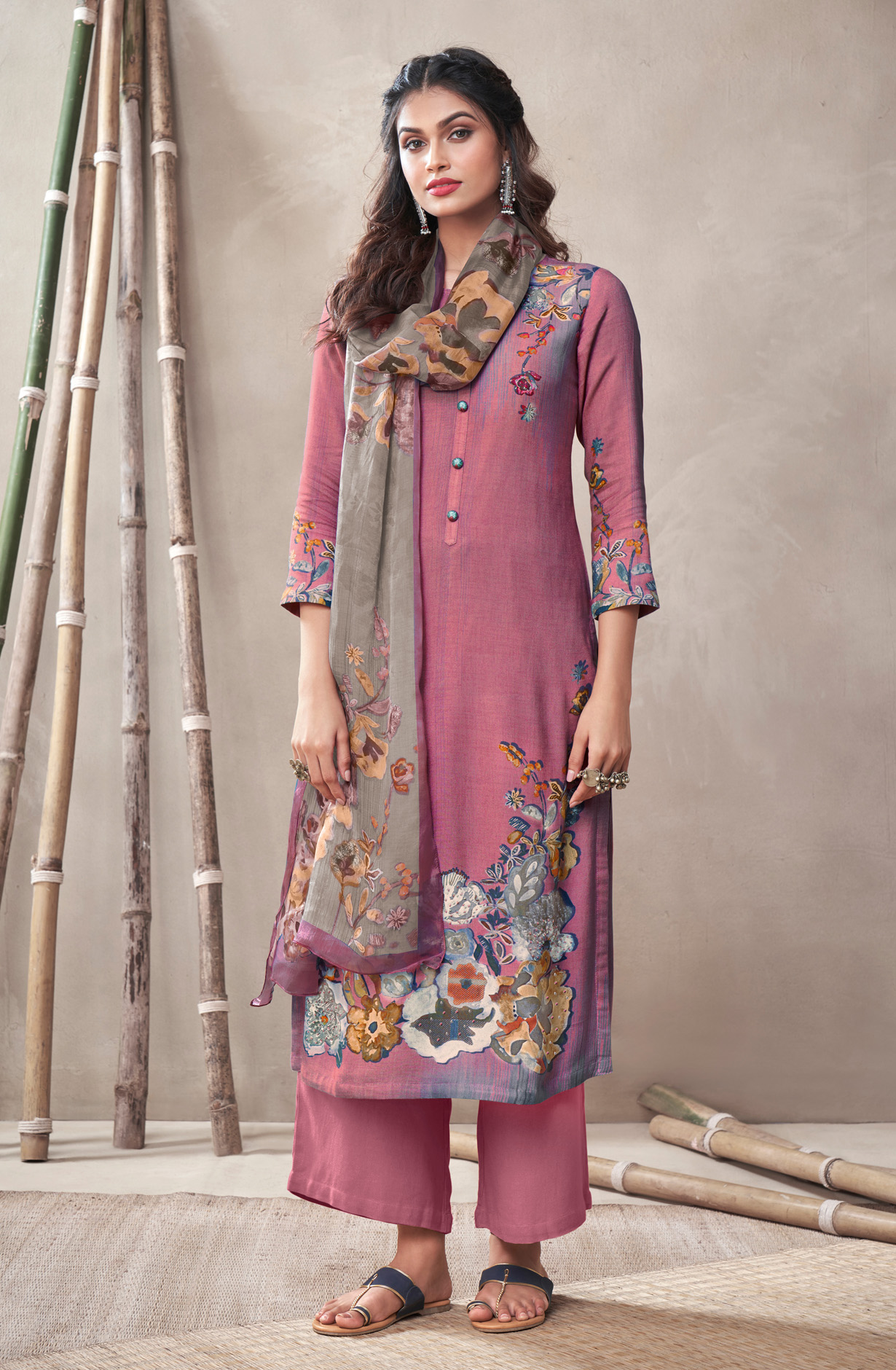 Mauve Cotton Unstitched Digital Printed Suit - ALI418