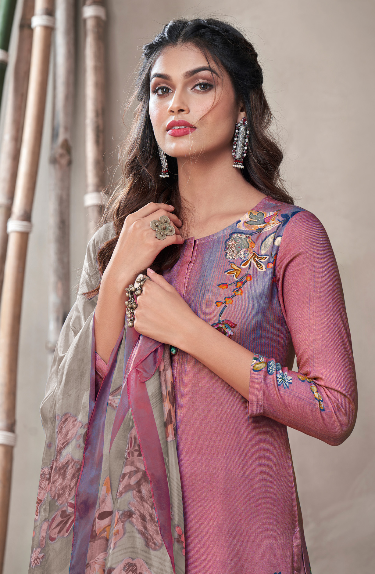 Mauve Cotton Unstitched Digital Printed Suit - ALI418