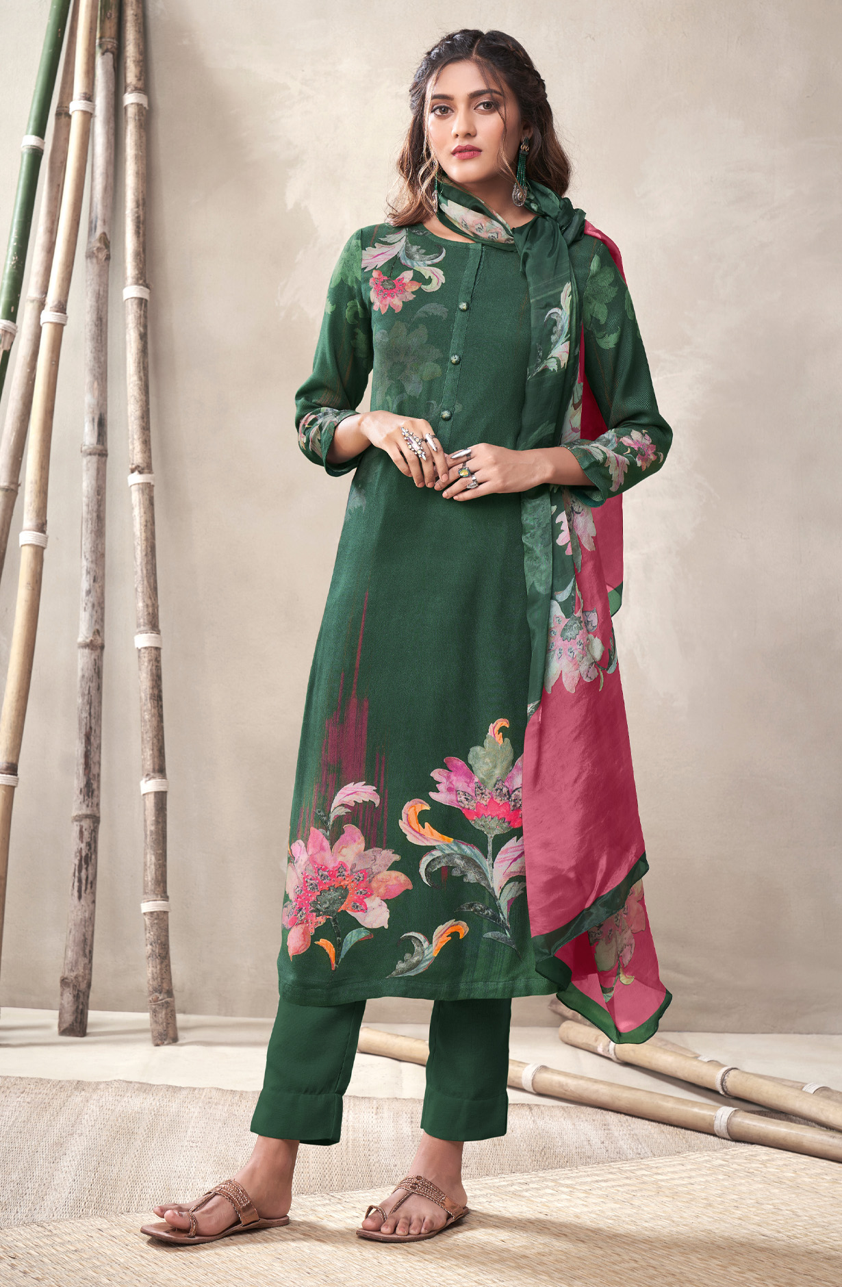 Bottle Green Cotton Unstitched Digital Printed Suit - ALI422