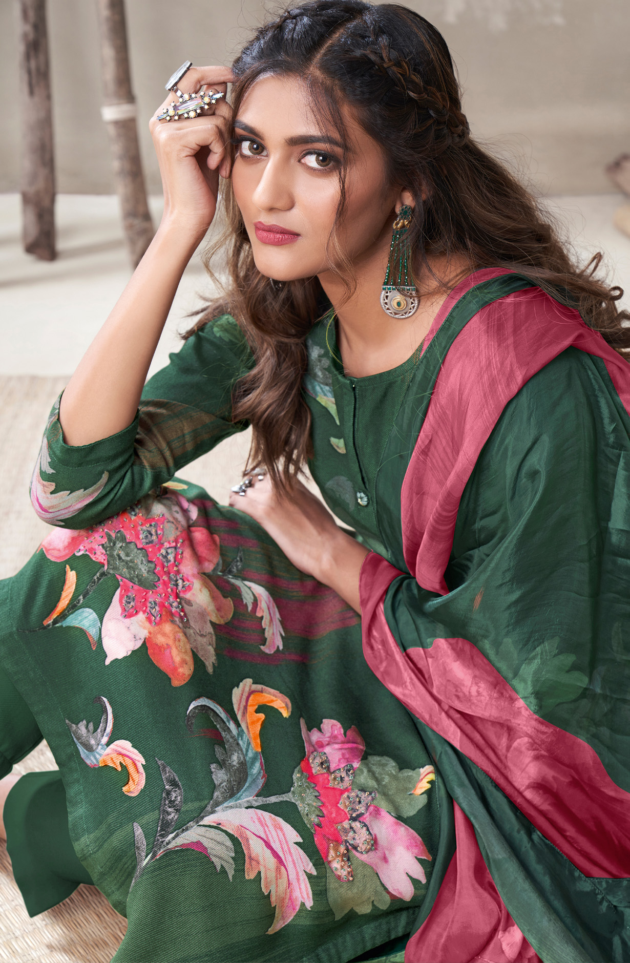 Bottle Green Cotton Unstitched Digital Printed Suit - ALI422