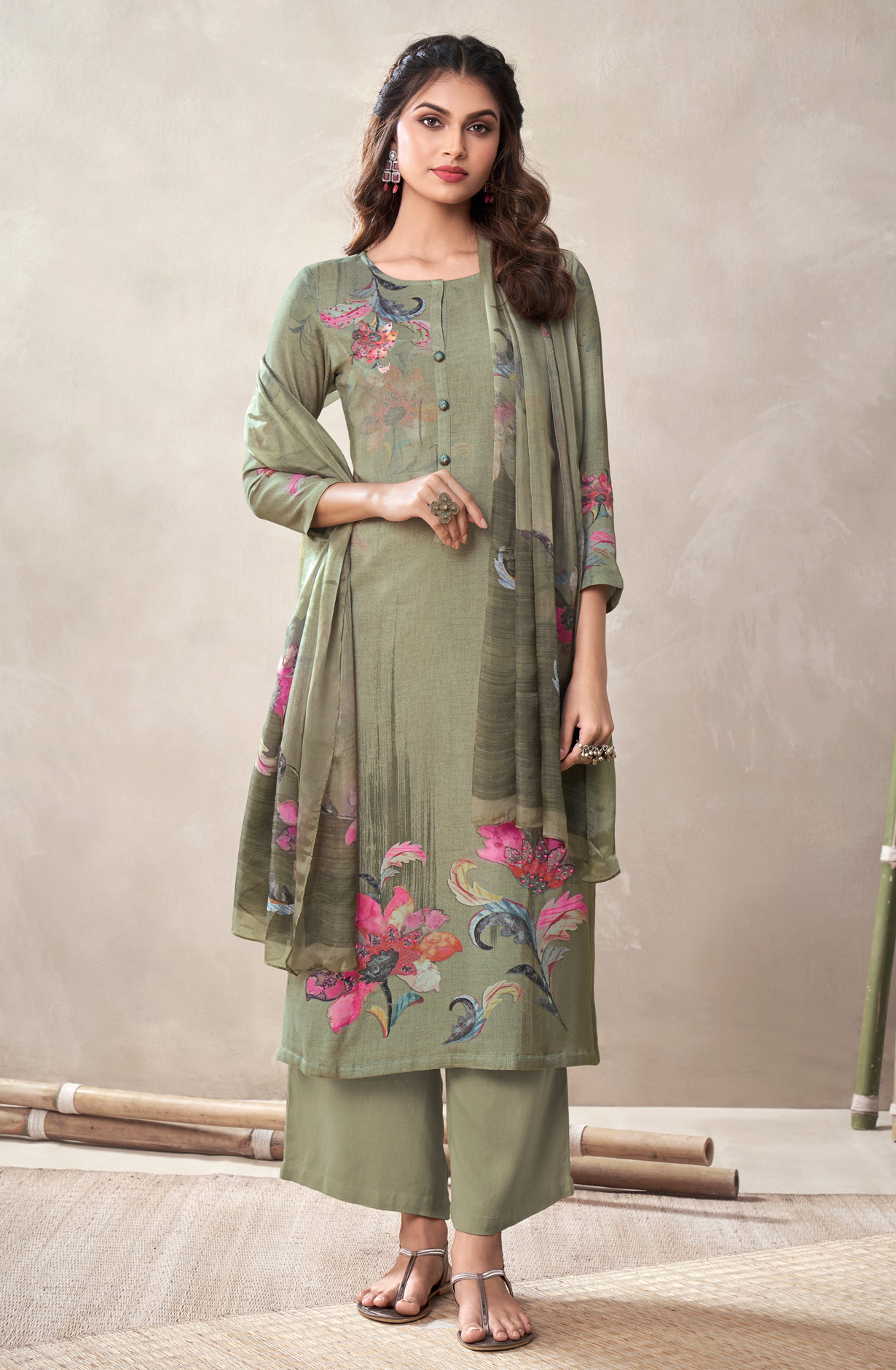 Olive Green Cotton Unstitched Digital Printed Suit - ALI428