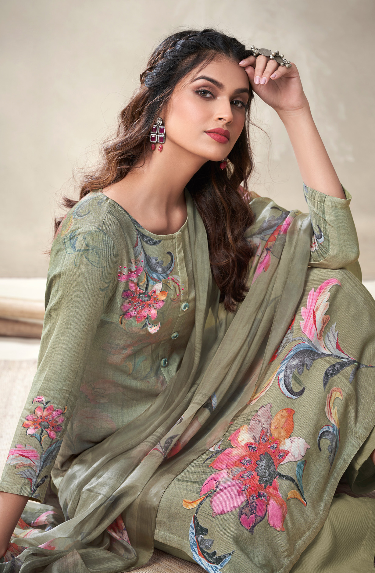 Olive Green Cotton Unstitched Digital Printed Suit - ALI428