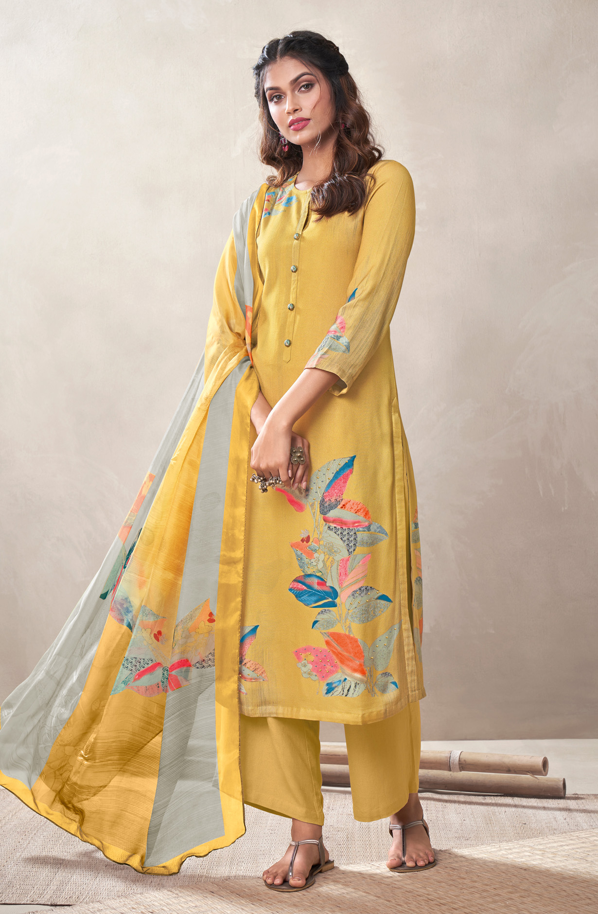 Mustard Yellow Cotton Unstitched Digital Printed Suit - ALI452