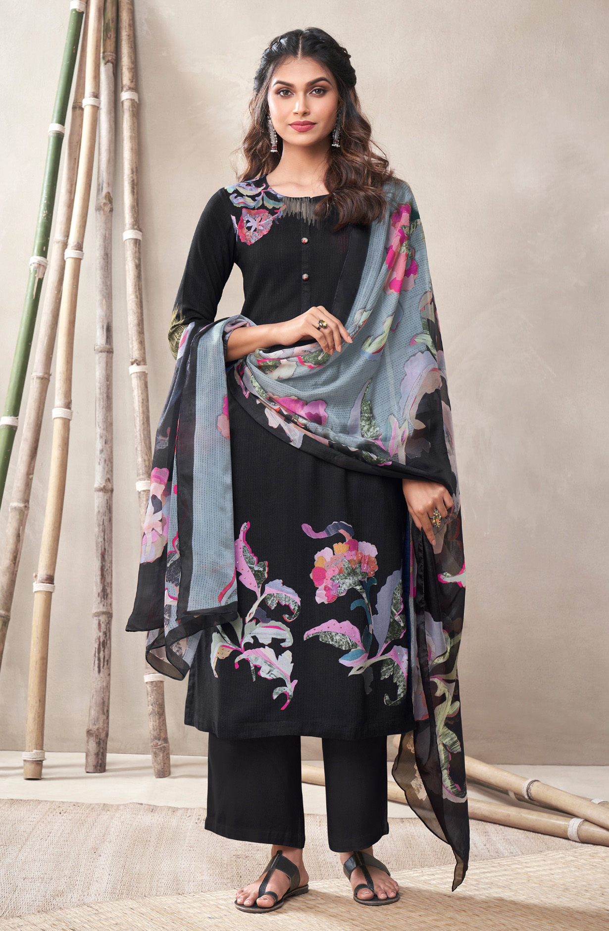 Black Cotton Unstitched Digital Printed Suit - ALI479