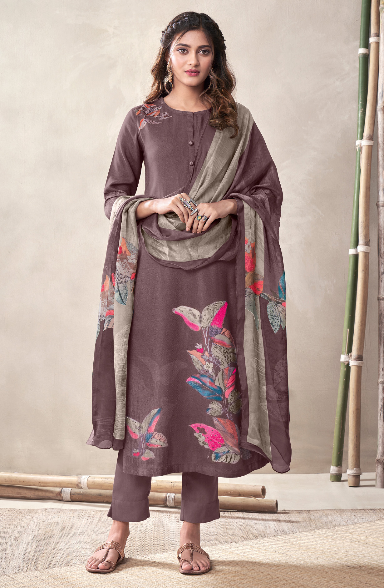 Mauve Cotton Unstitched Digital Printed Suit - ALI481