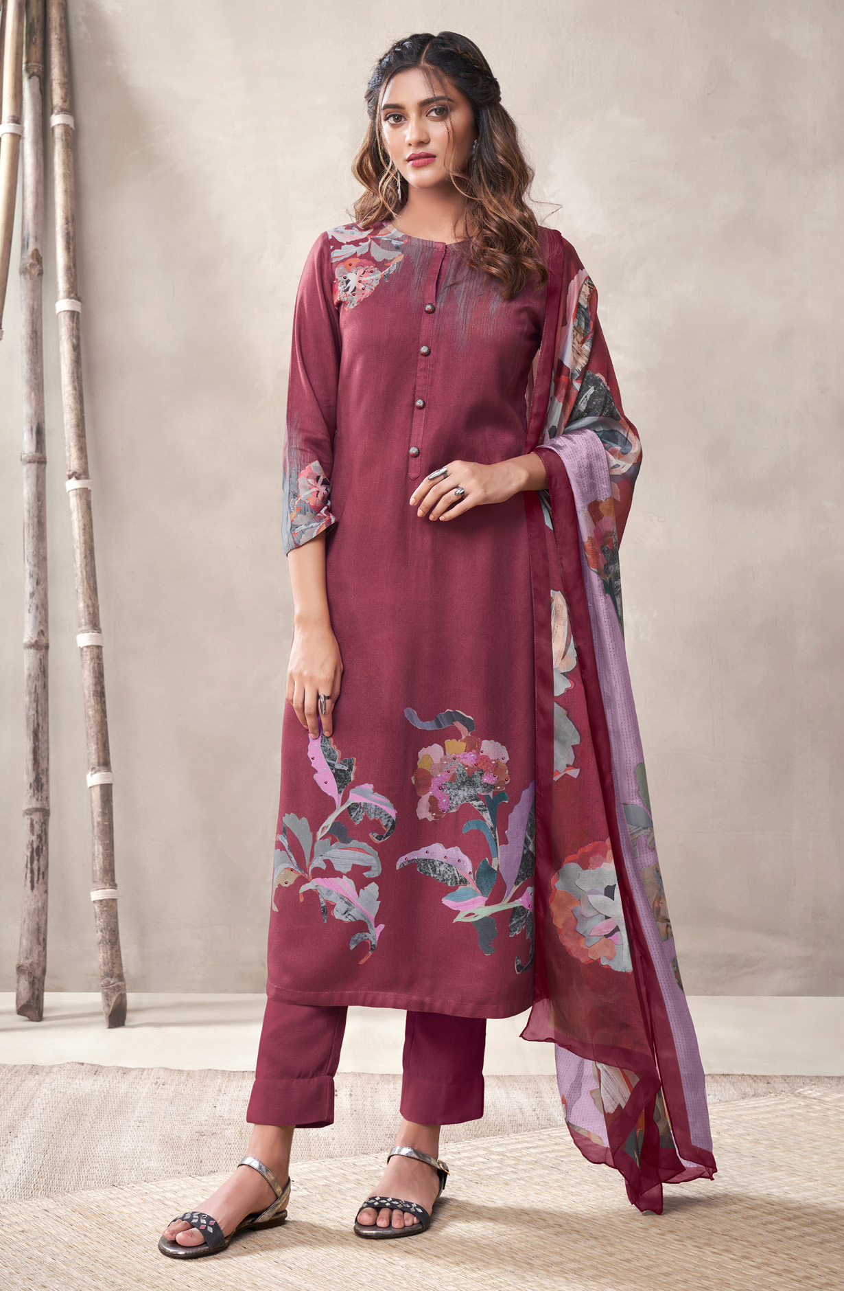 Maroon Cotton Unstitched Digital Printed Suit - ALI494