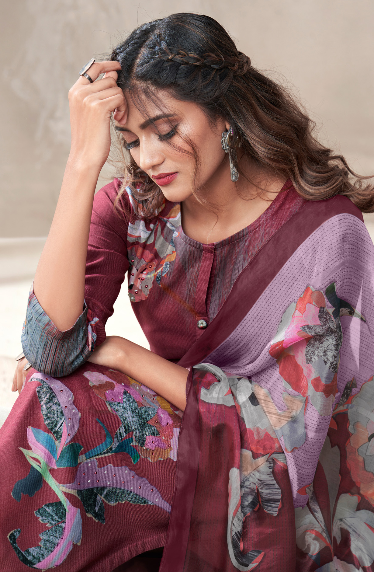 Maroon Cotton Unstitched Digital Printed Suit - ALI494