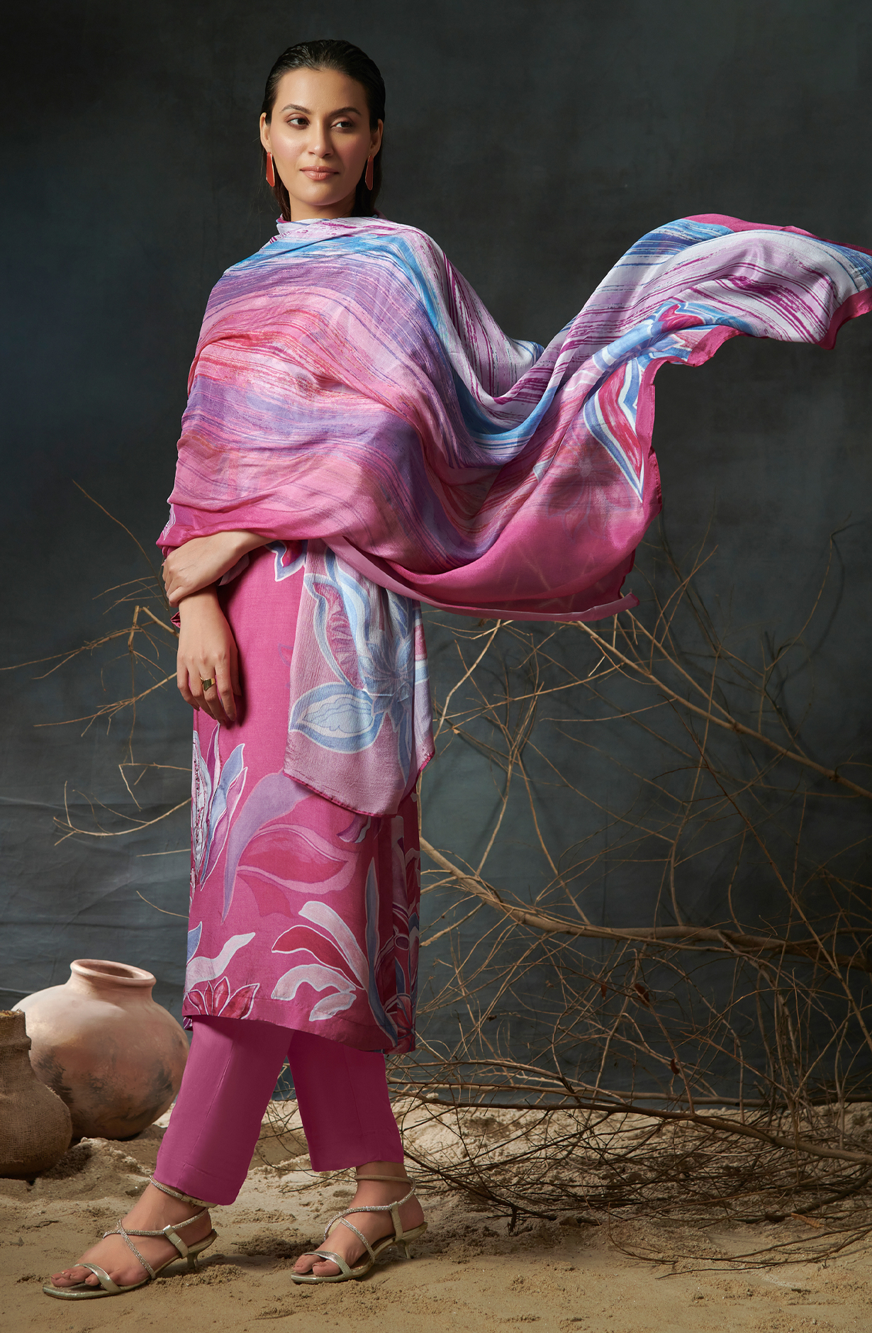 Pink Beautiful Satin Silk Salwar Suit with Chiffon Dupatta - ALI708