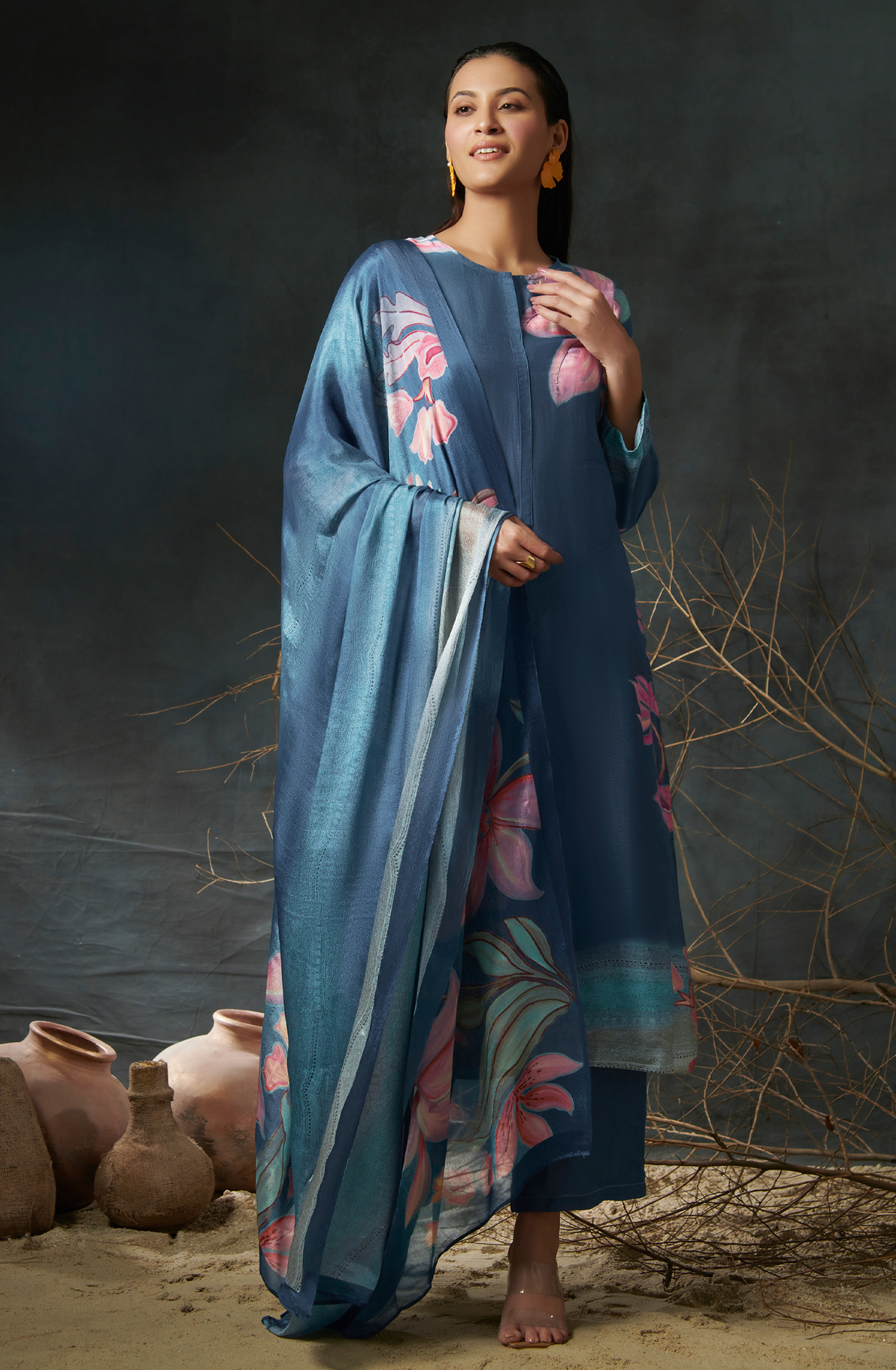 Blue Beautiful Satin Silk Salwar Suit with Chiffon Dupatta - ALI725