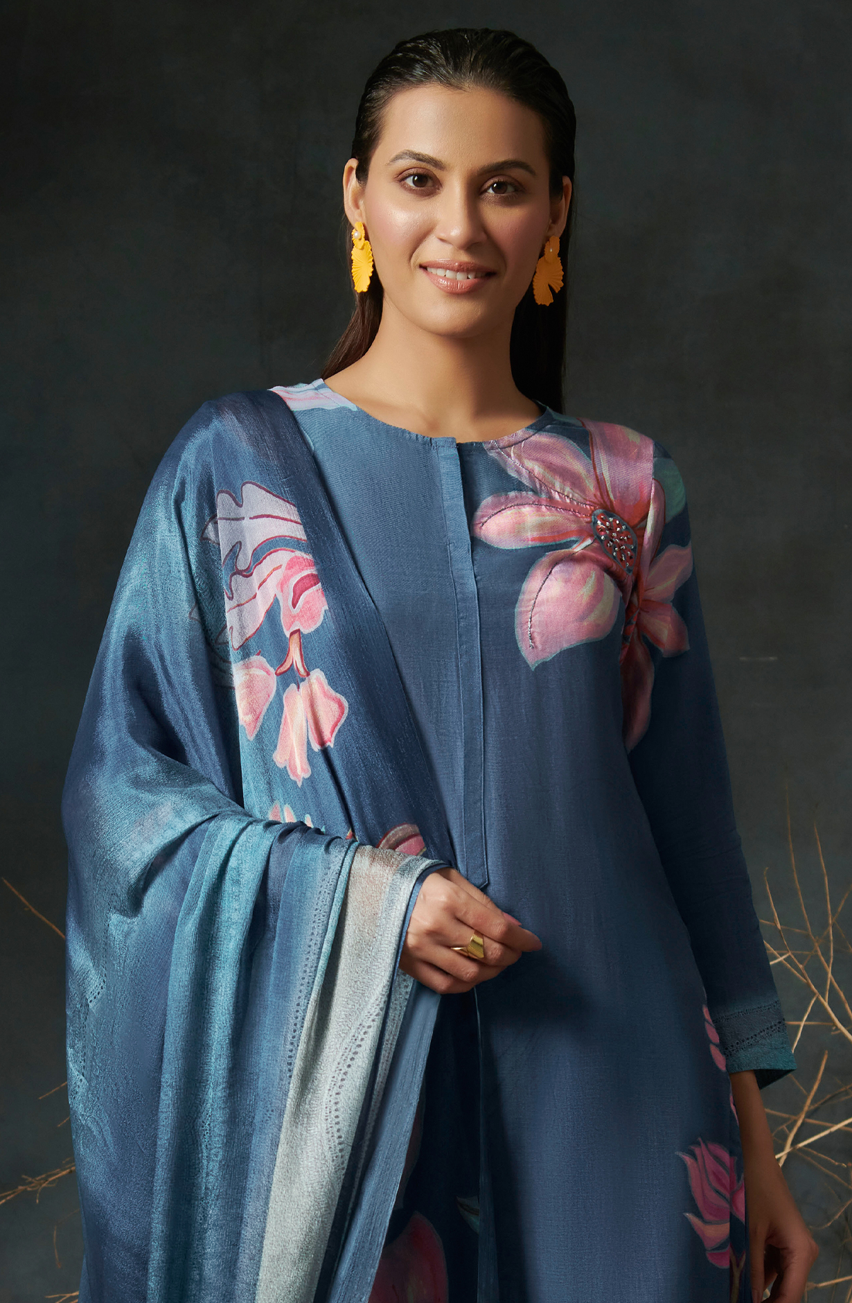 Blue Beautiful Satin Silk Salwar Suit with Chiffon Dupatta - ALI725