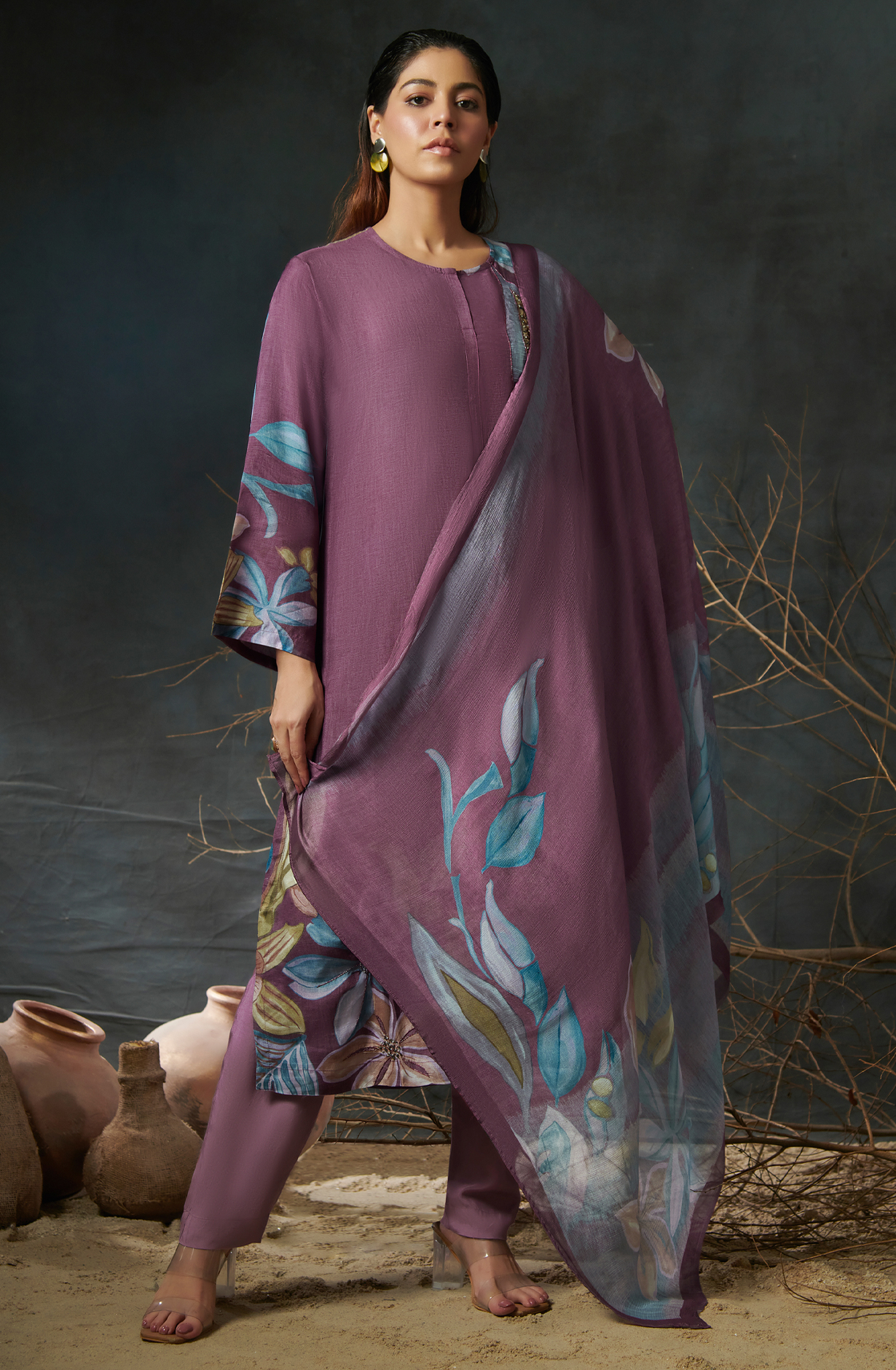 Purple Beautiful Satin Silk Salwar Suit with Chiffon Dupatta - ALI745