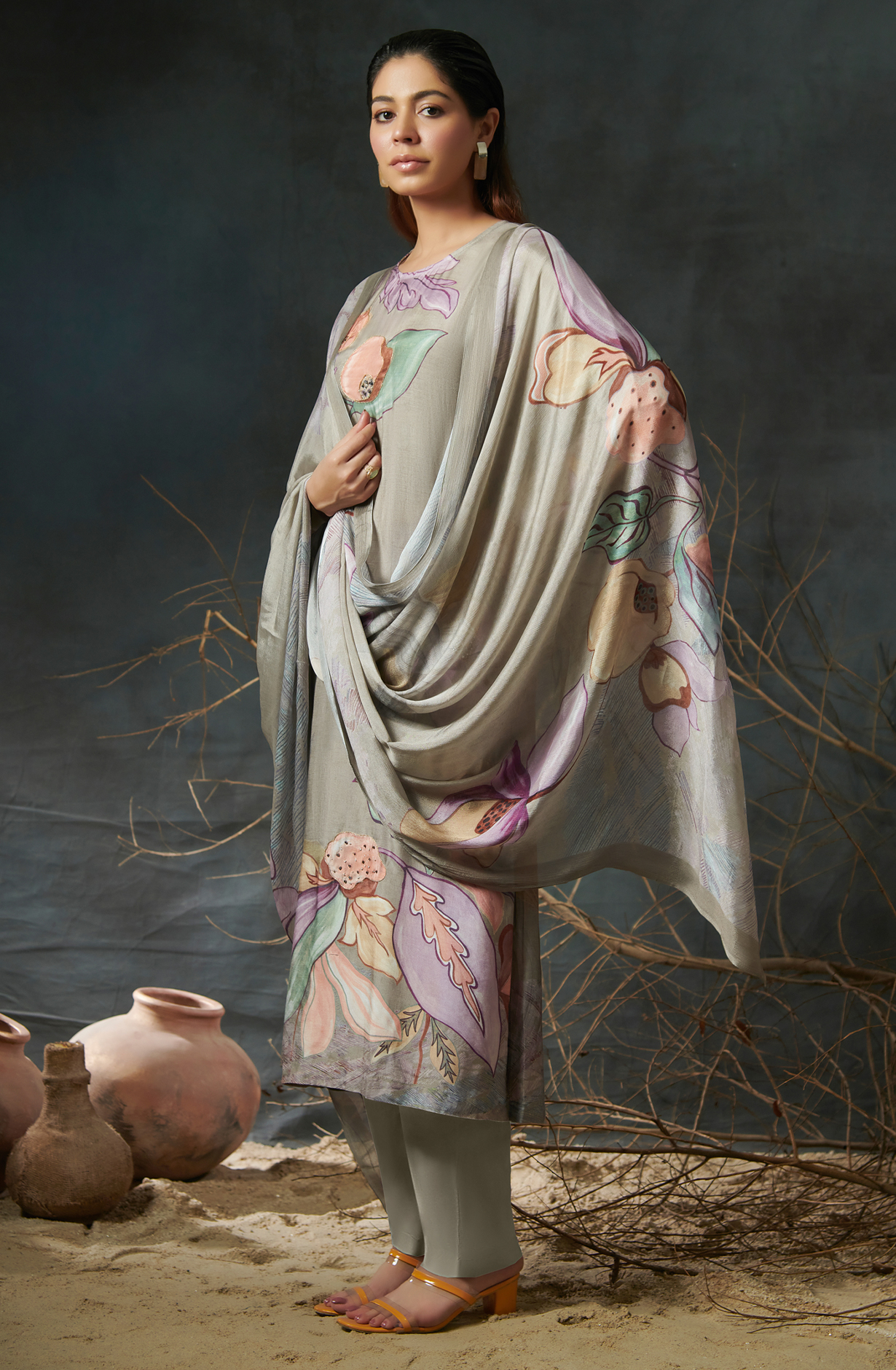 Olive Green Beautiful Satin Silk Salwar Suit with Chiffon Dupatta - ALI768