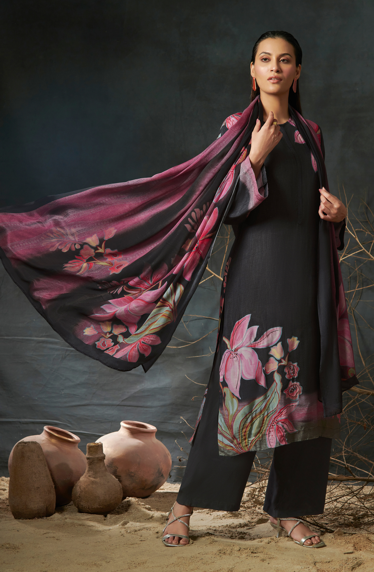 Black Beautiful Satin Silk Salwar Suit with Chiffon Dupatta - ALI795
