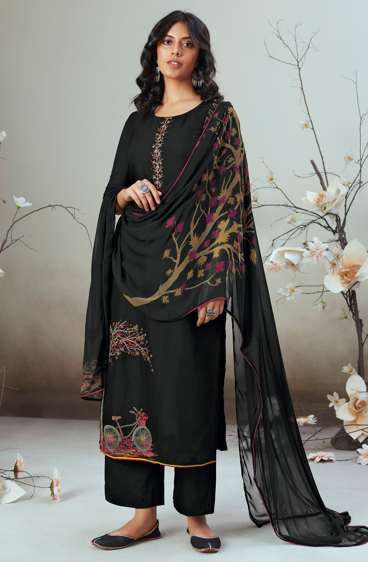 Designer Black Chanderi Salwar Suit with Chiffon Dupatta - ALVSO834A