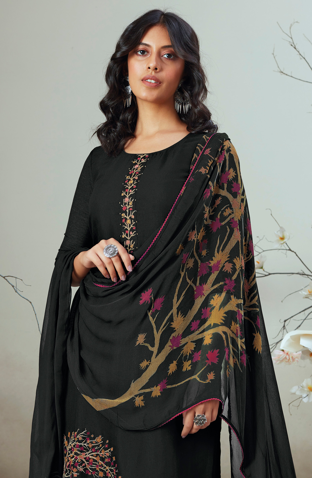 Designer Black Chanderi Salwar Suit with Chiffon Dupatta - ALVSO834A