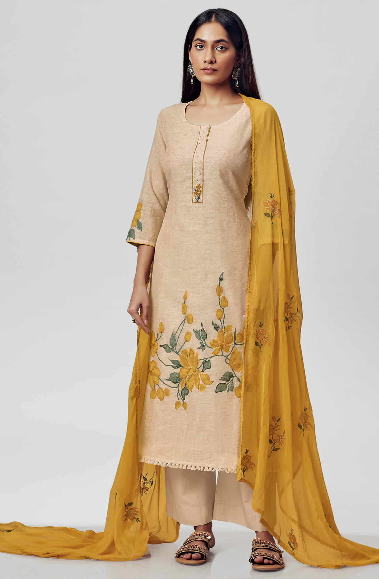 Beige Exclusive Linen Silk Embroidered Suit with Chiffon Dupatta - ALVS1522