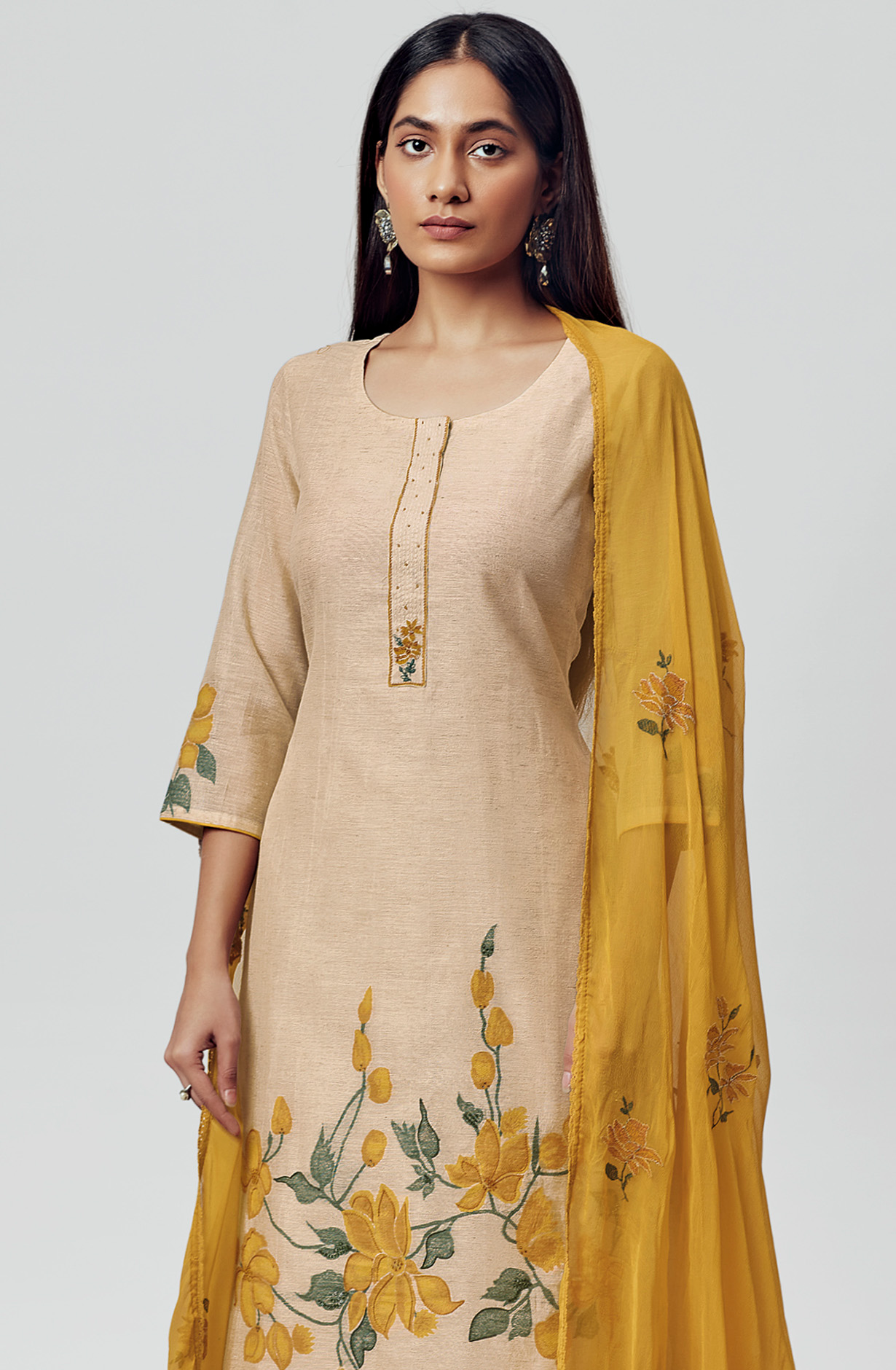 Beige Exclusive Linen Silk Embroidered Suit with Chiffon Dupatta - ALVS1522