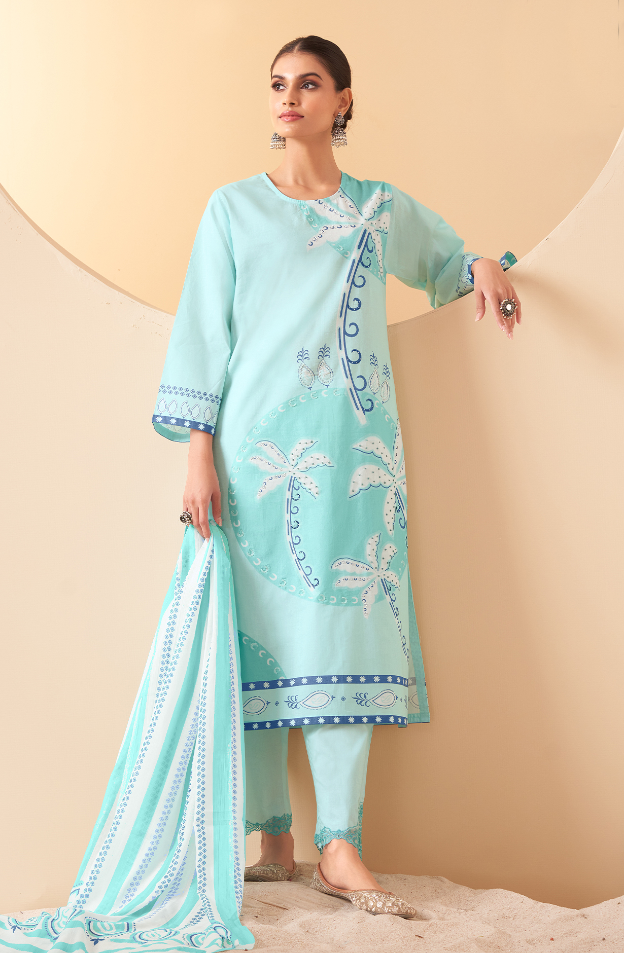 Turquoise Cotton Unstitched Printed Salwar Suit with Hand Work - AMA512