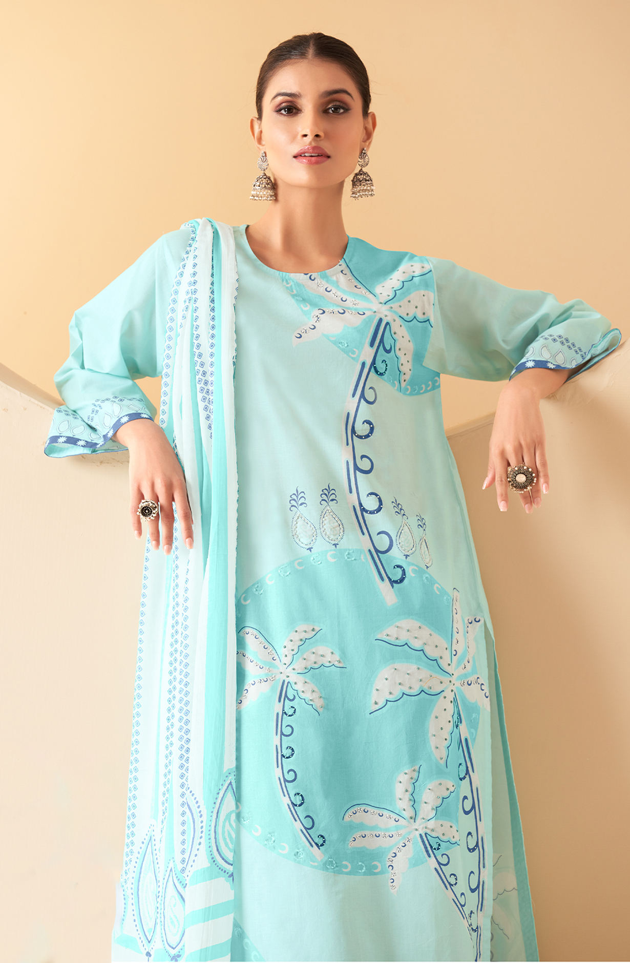 Turquoise Cotton Unstitched Printed Salwar Suit with Hand Work - AMA512