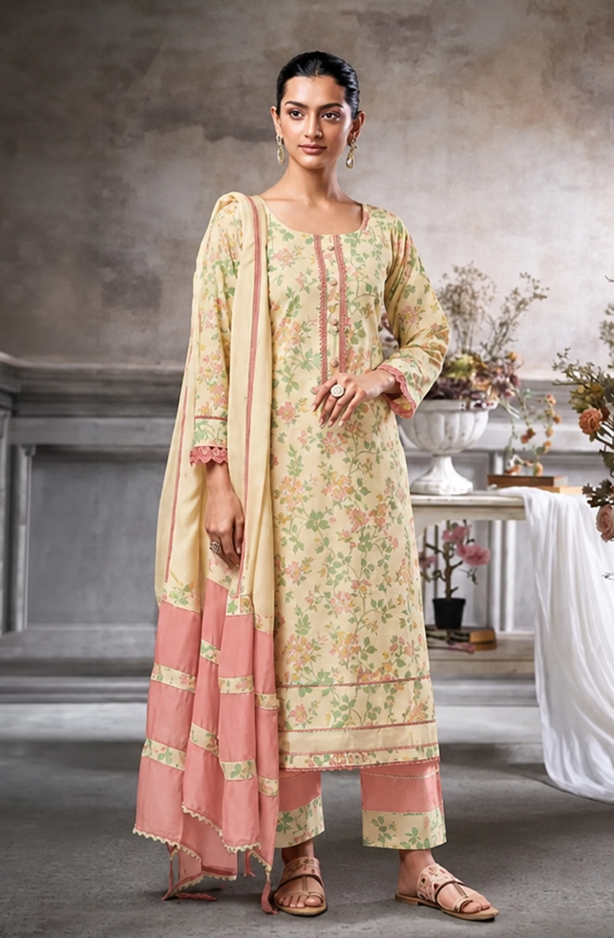 Lemon Cotton Beautiful Unstitched Suit Set with Dupatta - AMO10332
