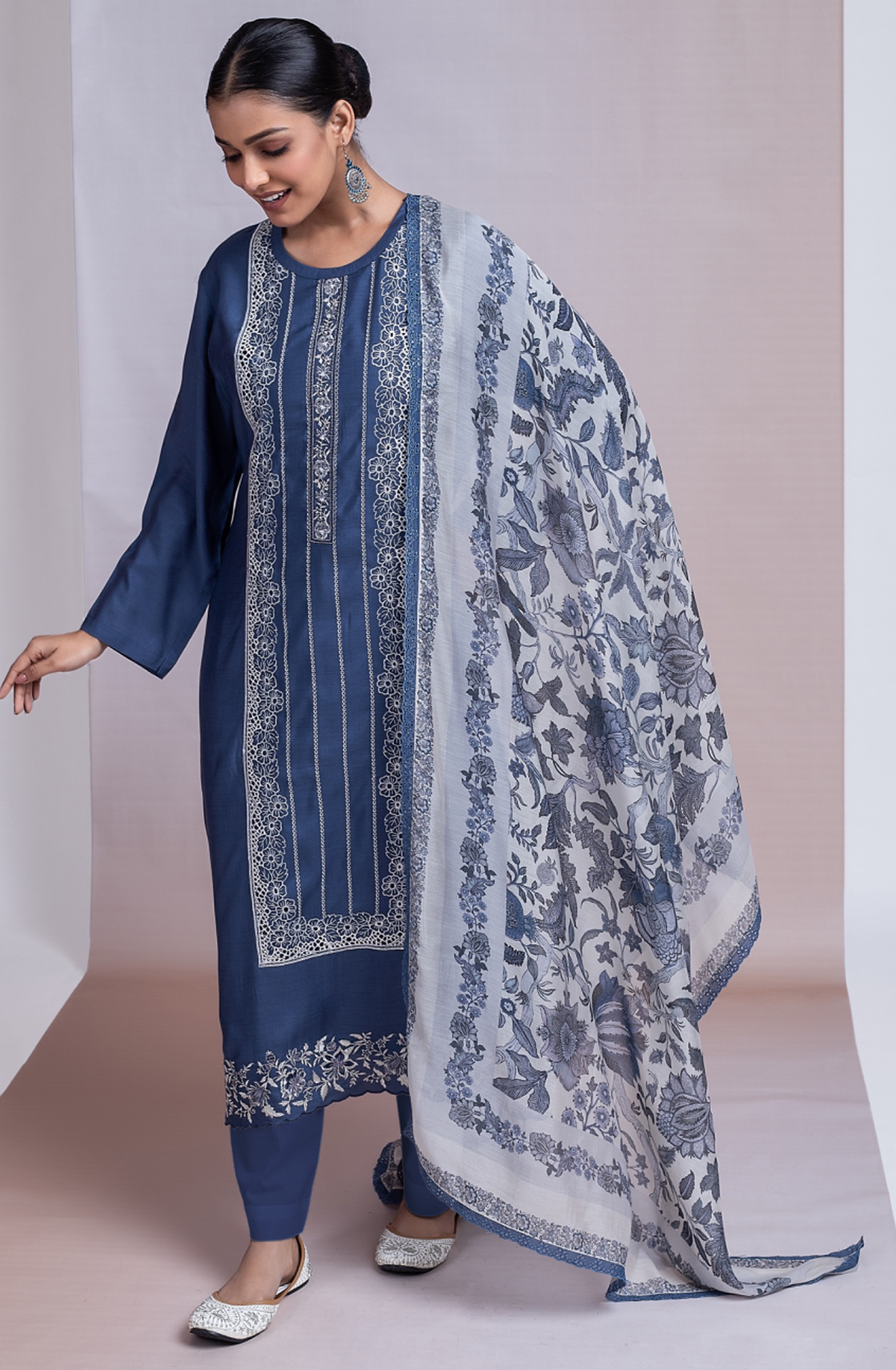 Blue Pure Muslin Embroideried Suit with Dupatta - ANA2433