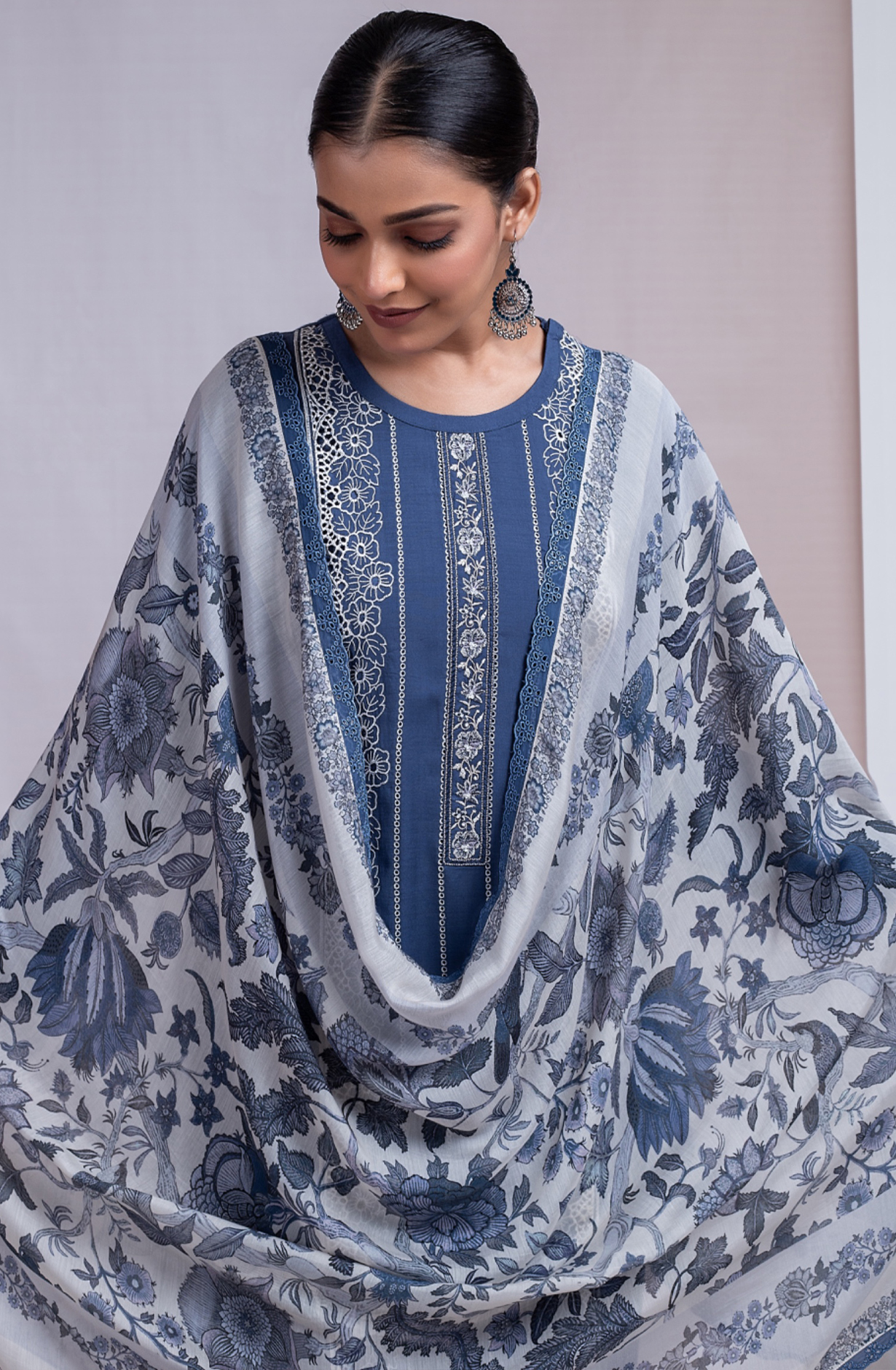 Blue Pure Muslin Embroideried Suit with Dupatta - ANA2433