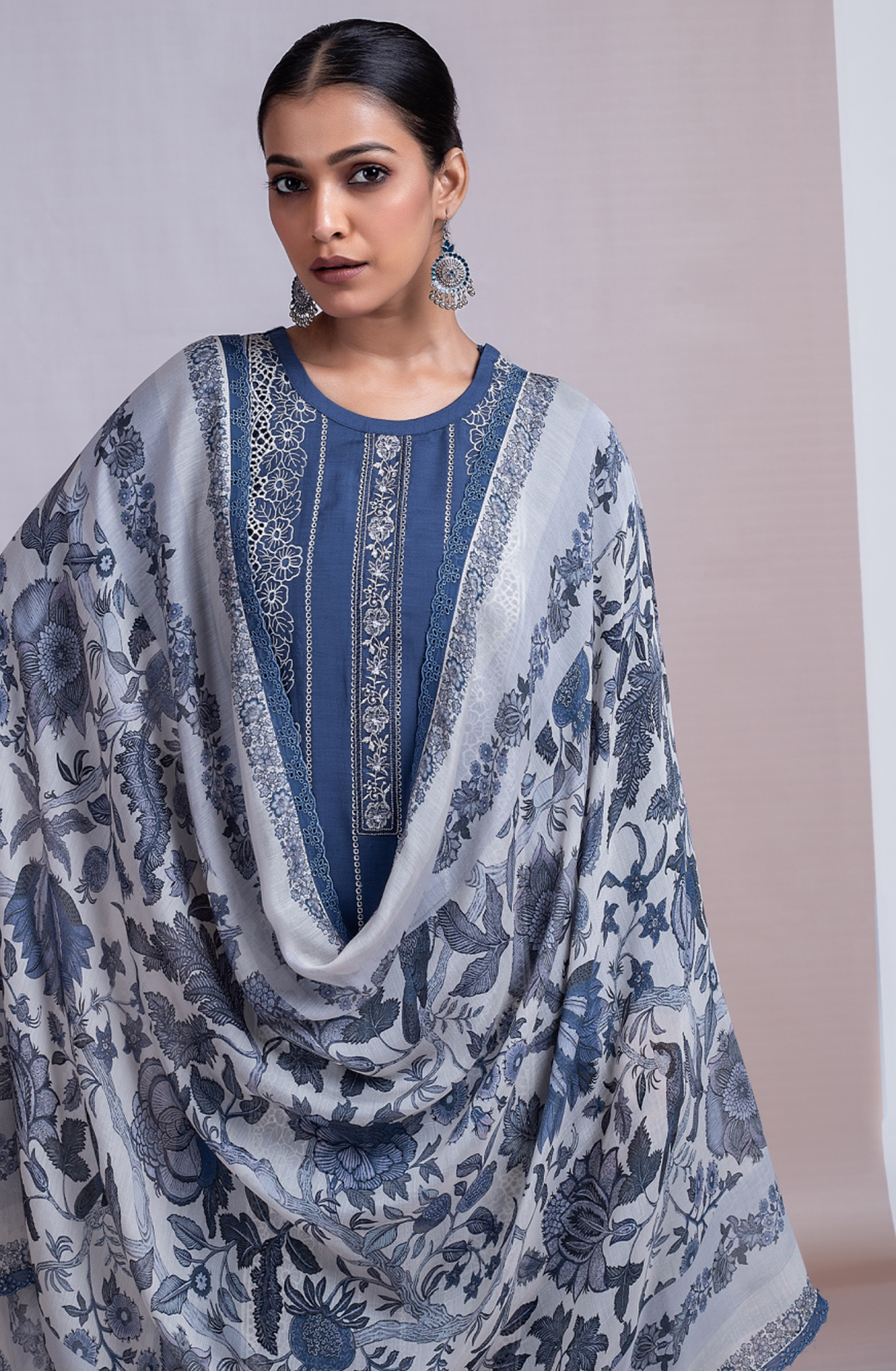 Blue Pure Muslin Embroideried Suit with Dupatta - ANA2433