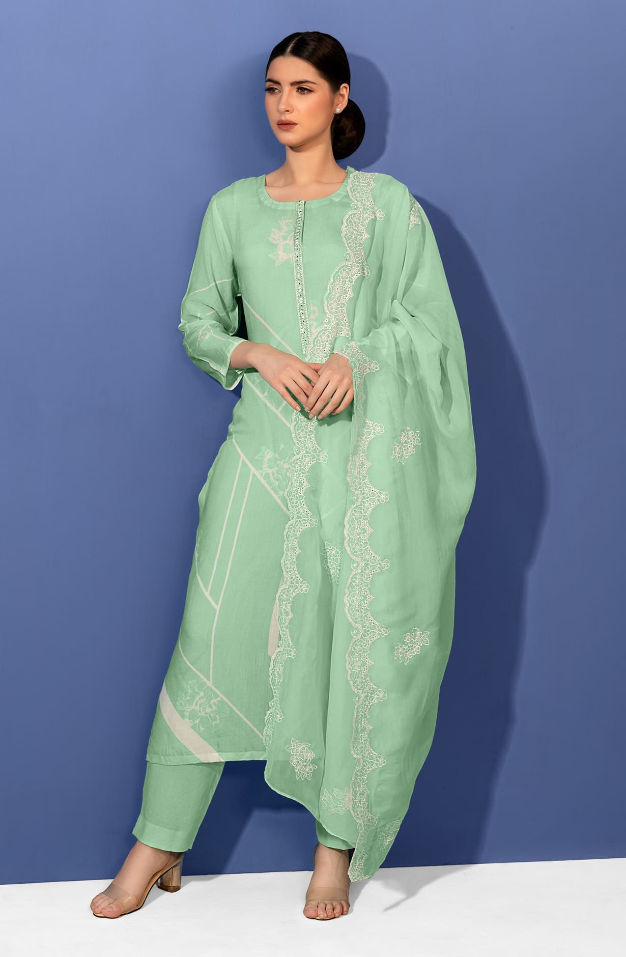 Sea Green Muslin Exclusive Semi Stitched Suit-set with Chiffon Dupatta - ANA8822