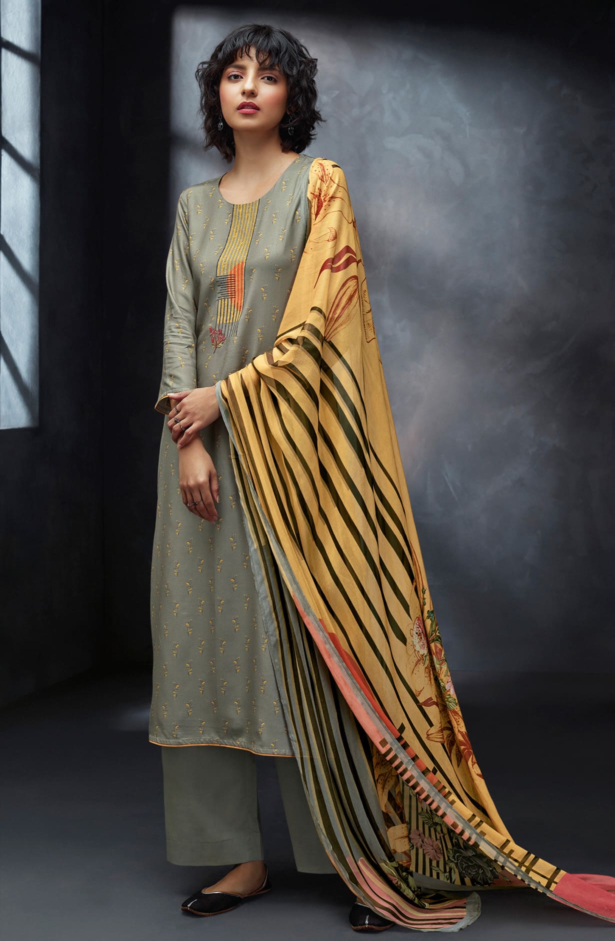 Grey Spun Winterwear Printed Unstitched Salwar Kameez - ANAS1211A