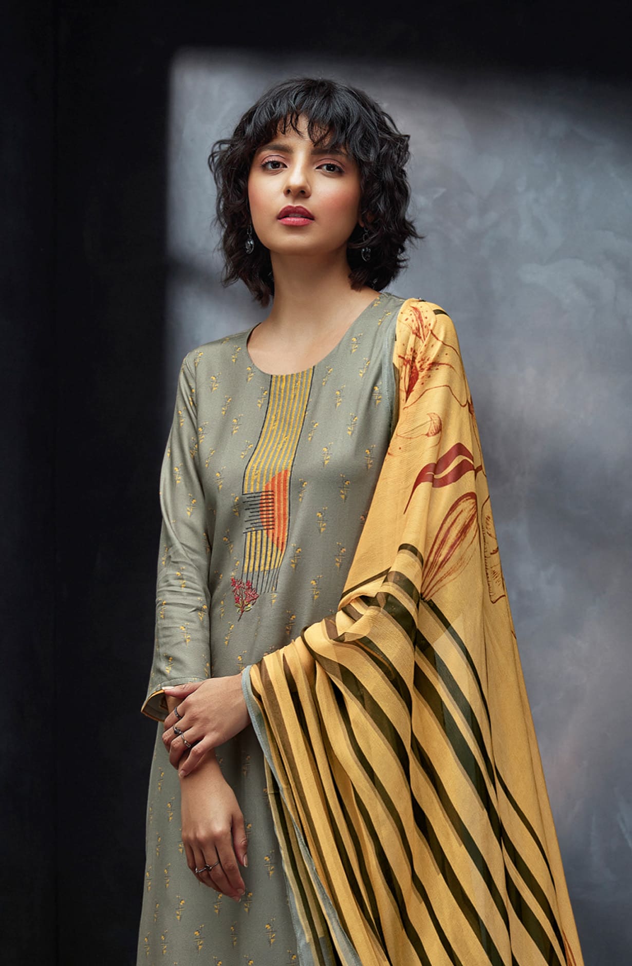 Grey Spun Winterwear Printed Unstitched Salwar Kameez - ANAS1211A