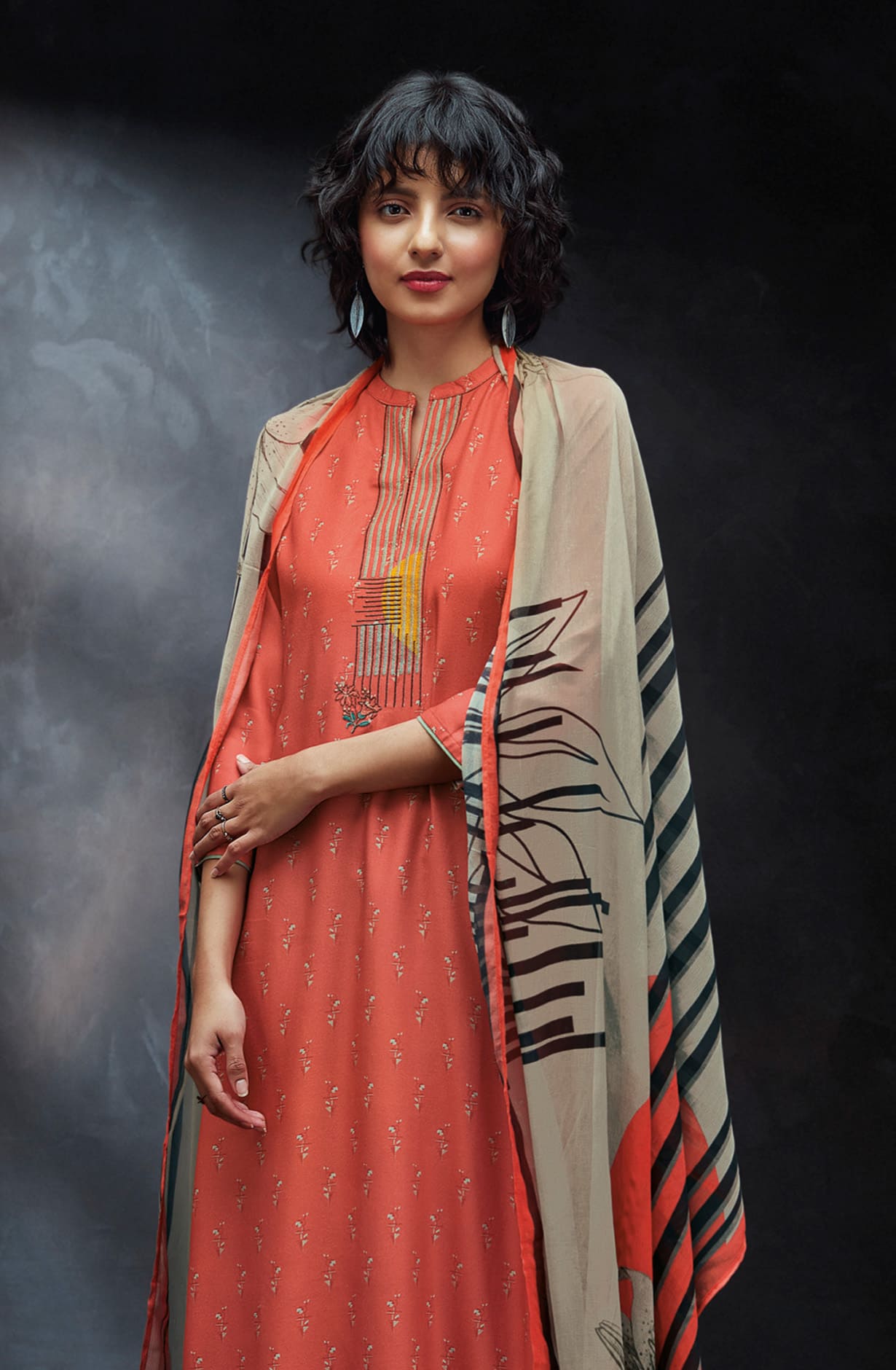 Orange Spun Winterwear Printed Unstitched Salwar Kameez - ANAS1211C