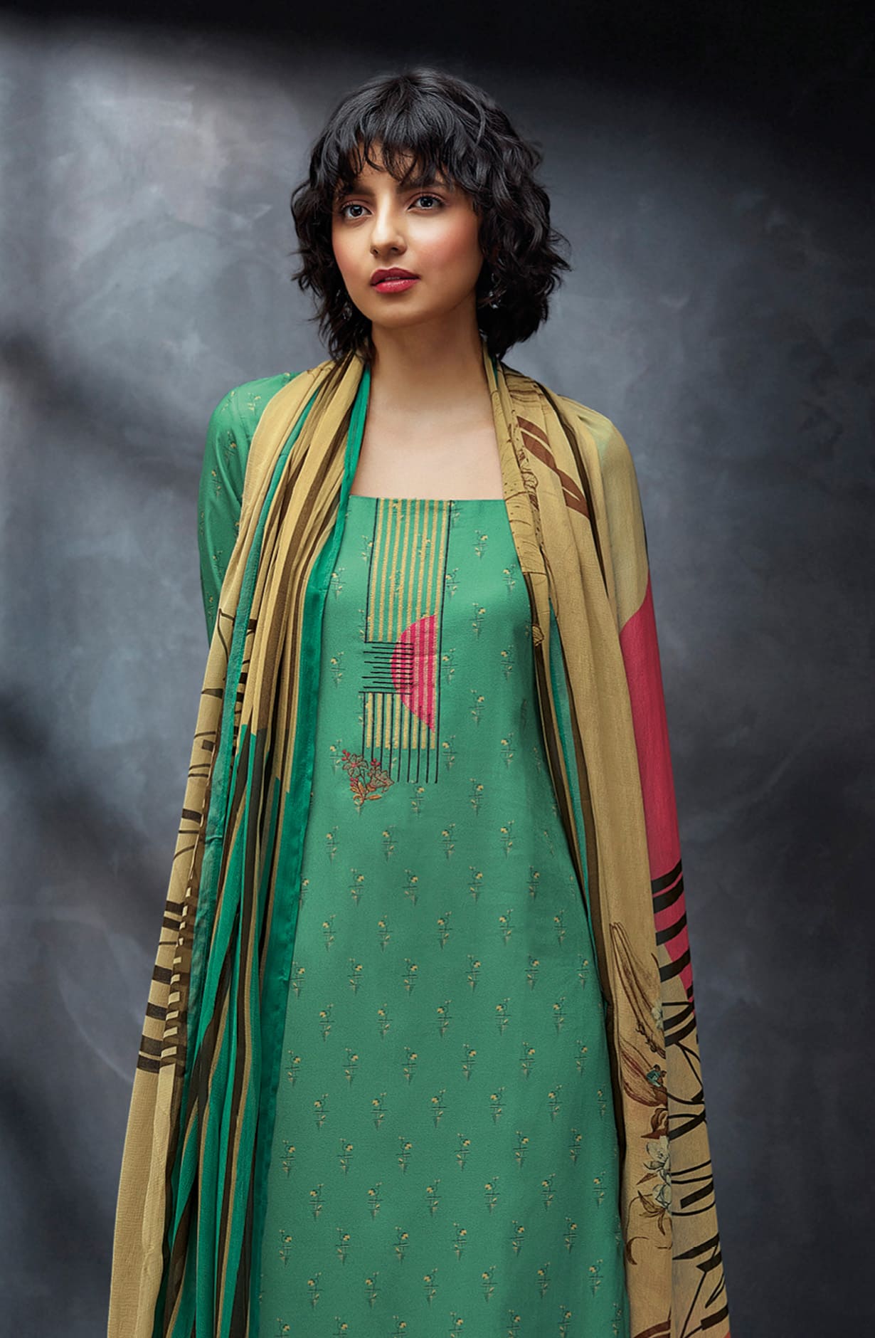 Green Spun Winterwear Printed Unstitched Salwar Kameez - ANAS1211D
