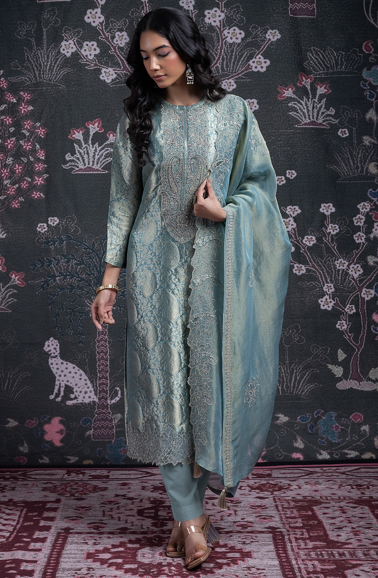 Blue Silk Jacquard Suit Set with Tissue Dupatta - ANCST2029A
