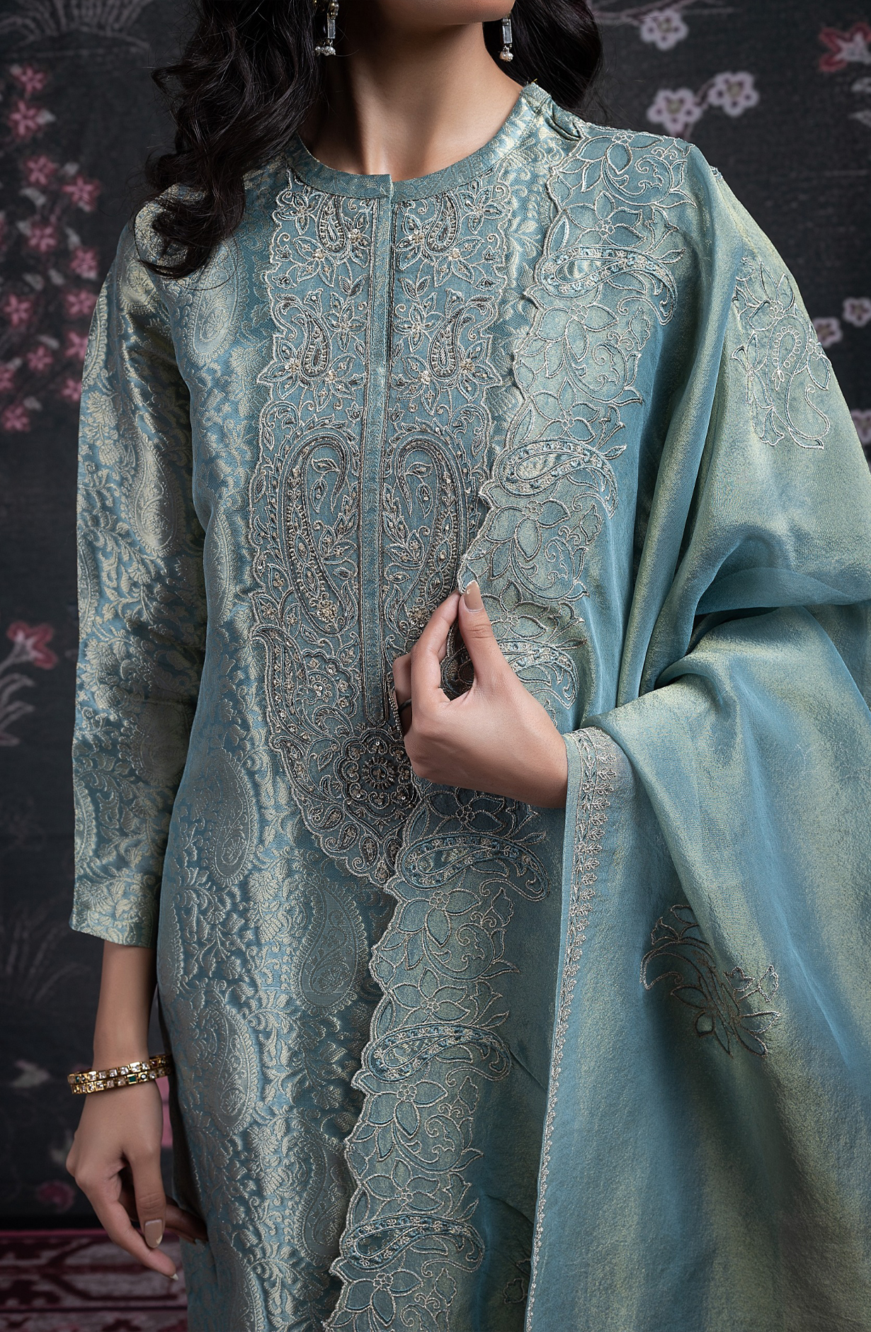 Blue Silk Jacquard Suit Set with Tissue Dupatta - ANCST2029A