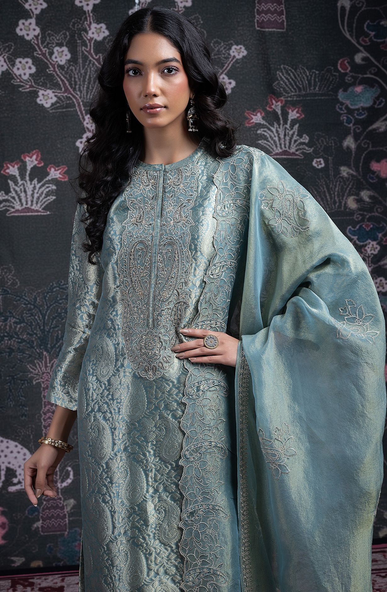 Blue Silk Jacquard Suit Set with Tissue Dupatta - ANCST2029A