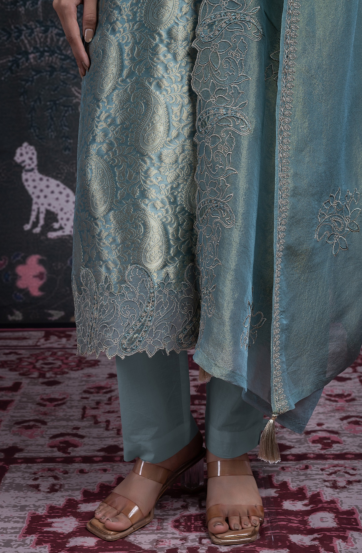 Blue Silk Jacquard Suit Set with Tissue Dupatta - ANCST2029A