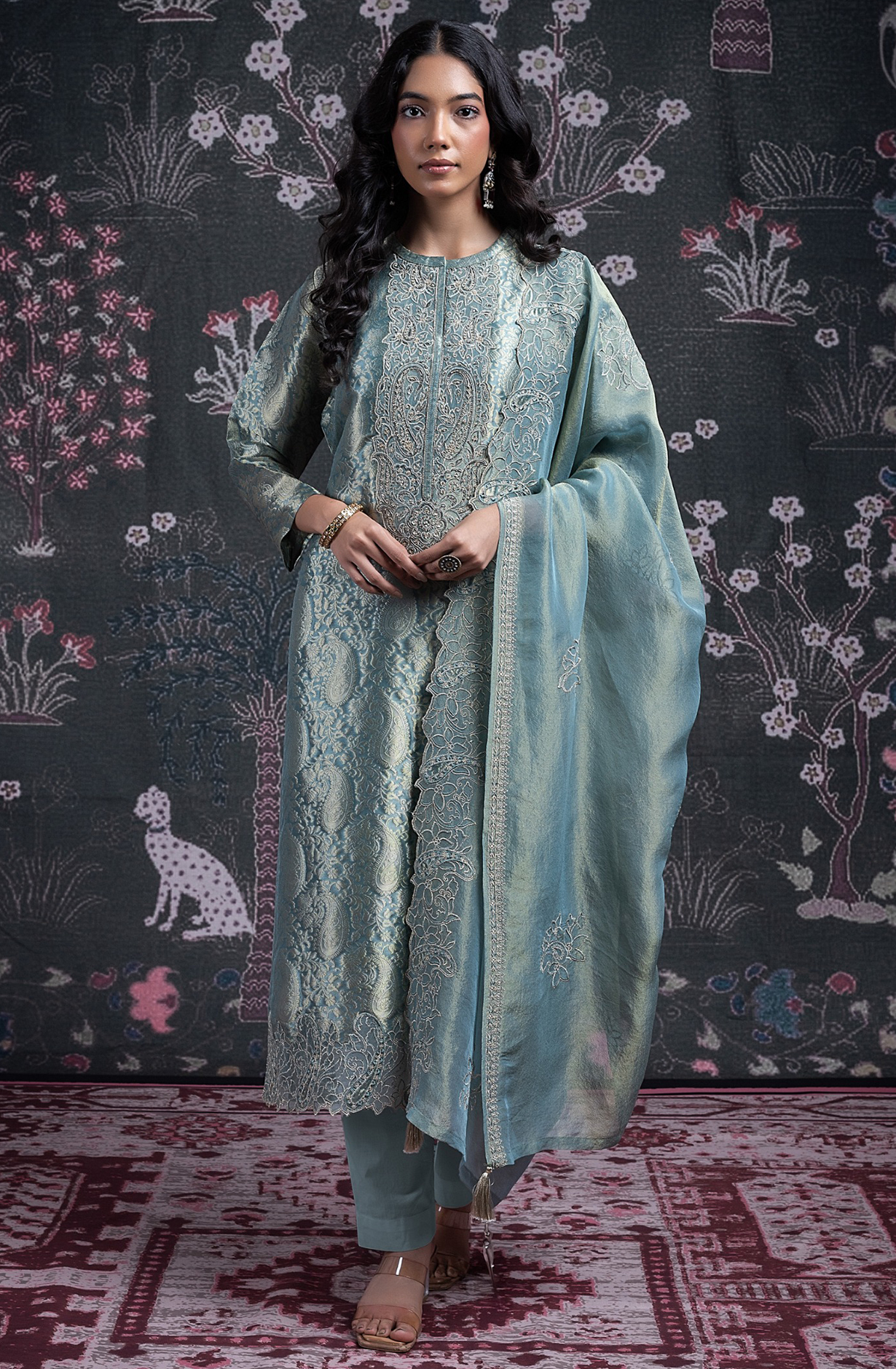 Blue Silk Jacquard Suit Set with Tissue Dupatta - ANCST2029A