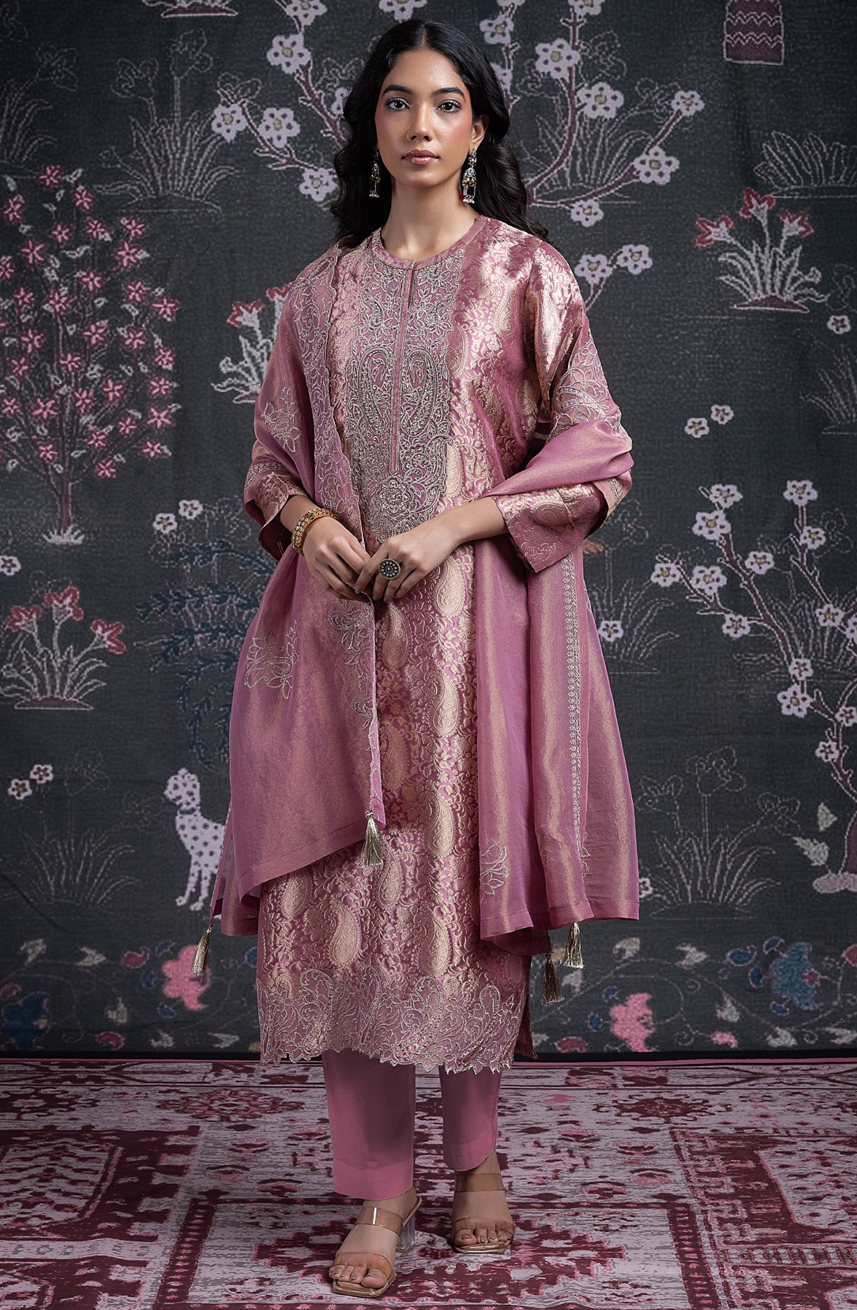 Pink Silk Jacquard Suit Set with Tissue Dupatta - ANCST2029B