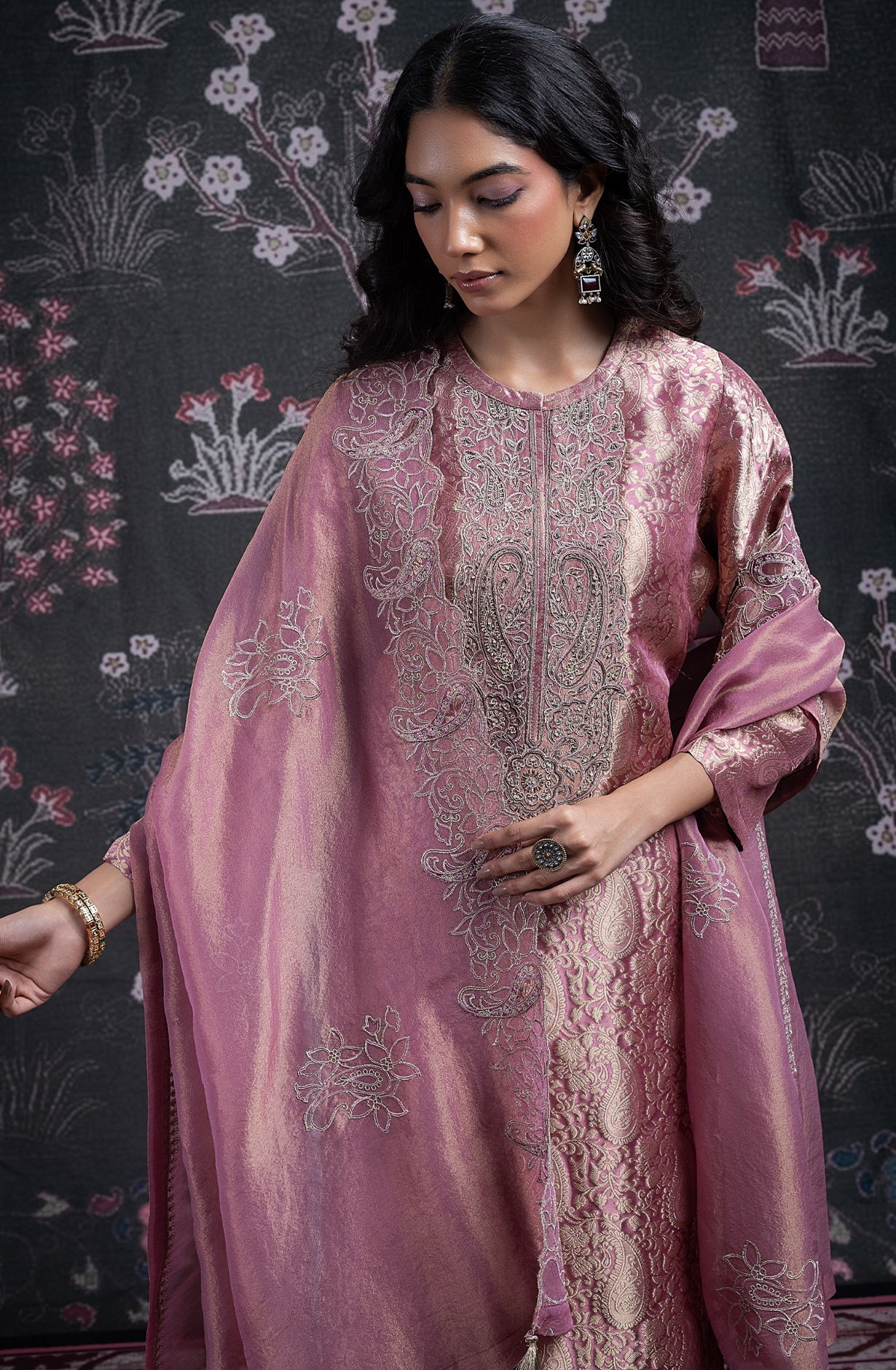 Pink Silk Jacquard Suit Set with Tissue Dupatta - ANCST2029B