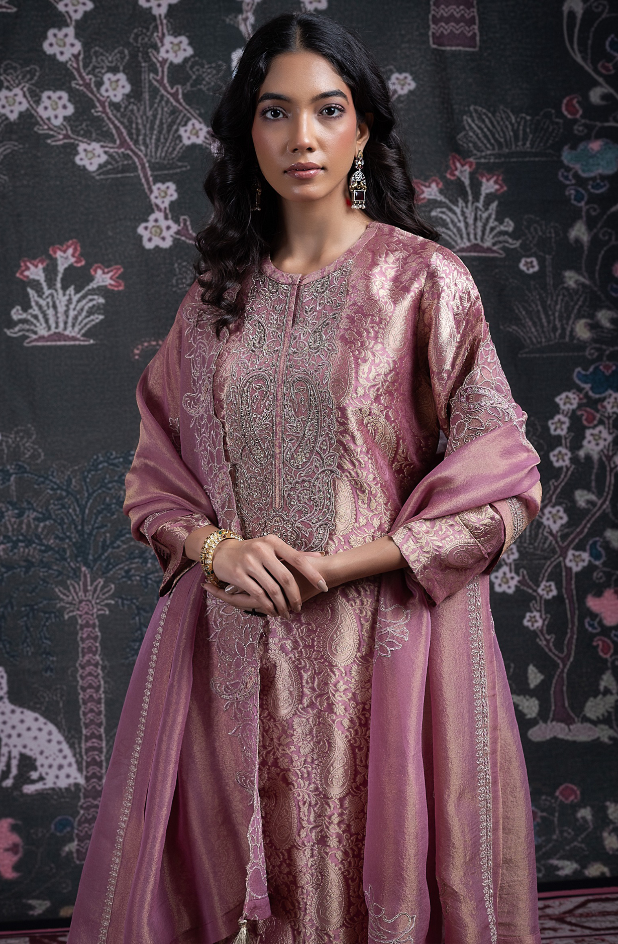 Pink Silk Jacquard Suit Set with Tissue Dupatta - ANCST2029B