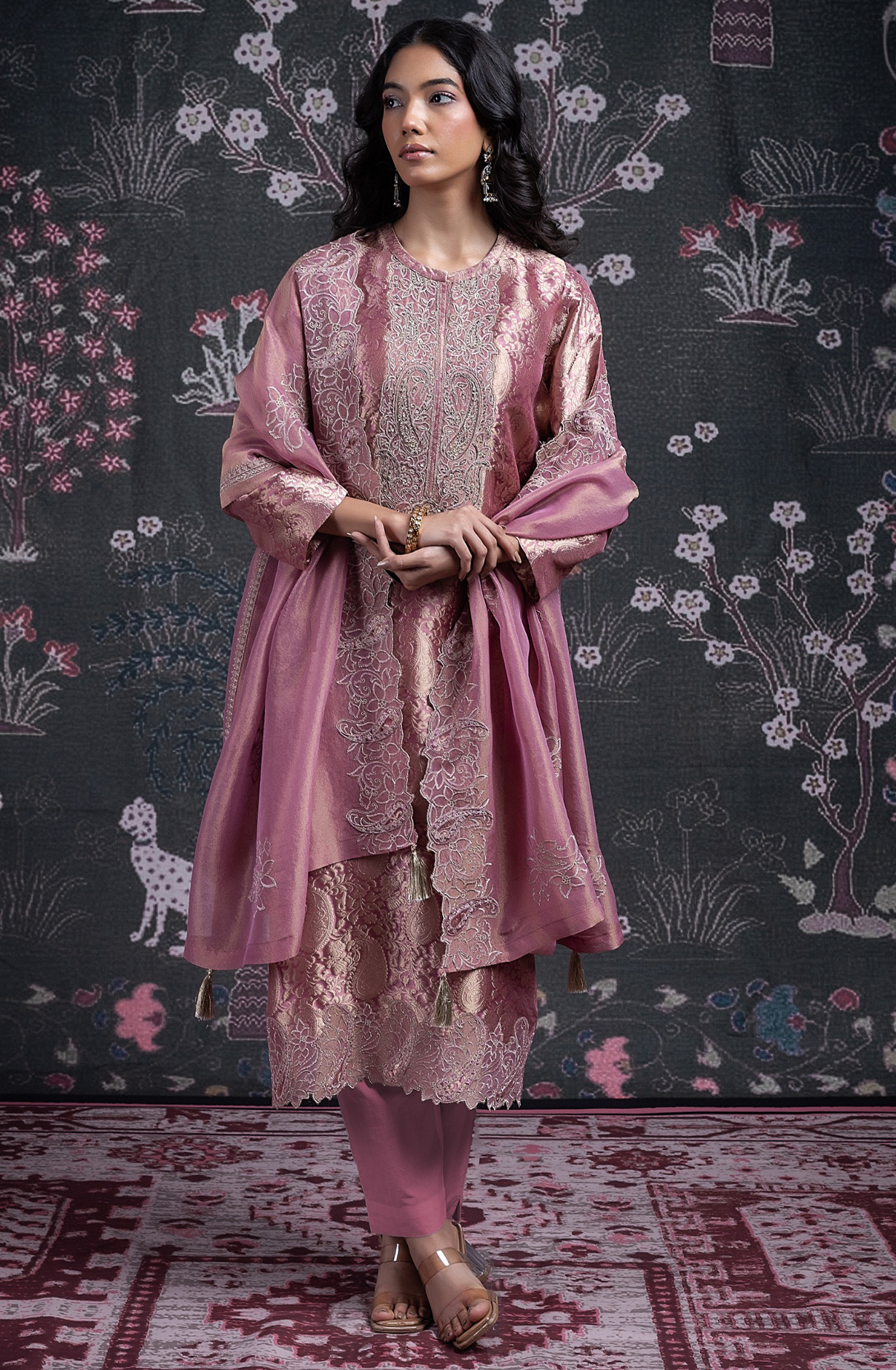 Pink Silk Jacquard Suit Set with Tissue Dupatta - ANCST2029B