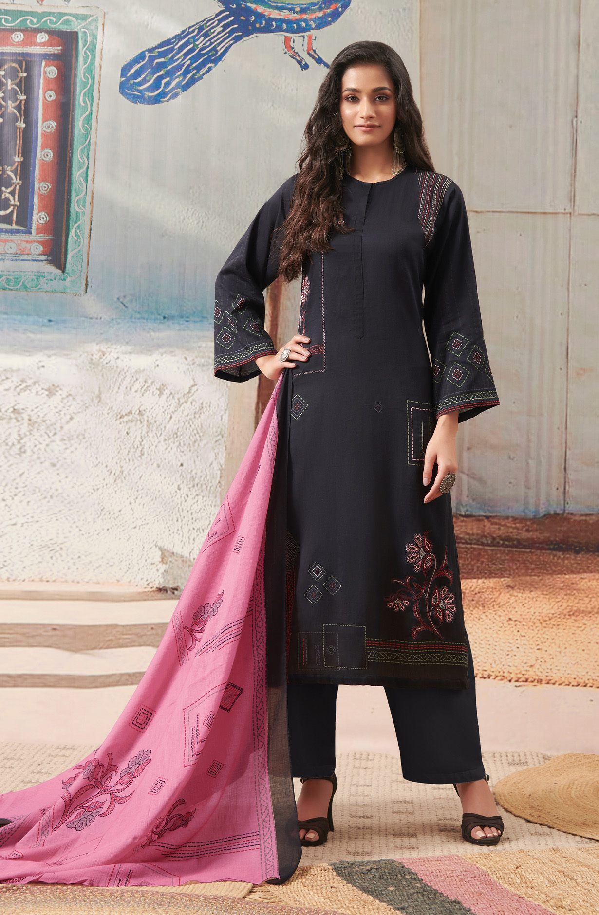Black Cotton Unstitched Digital Printed Salwar Suit - ANI820