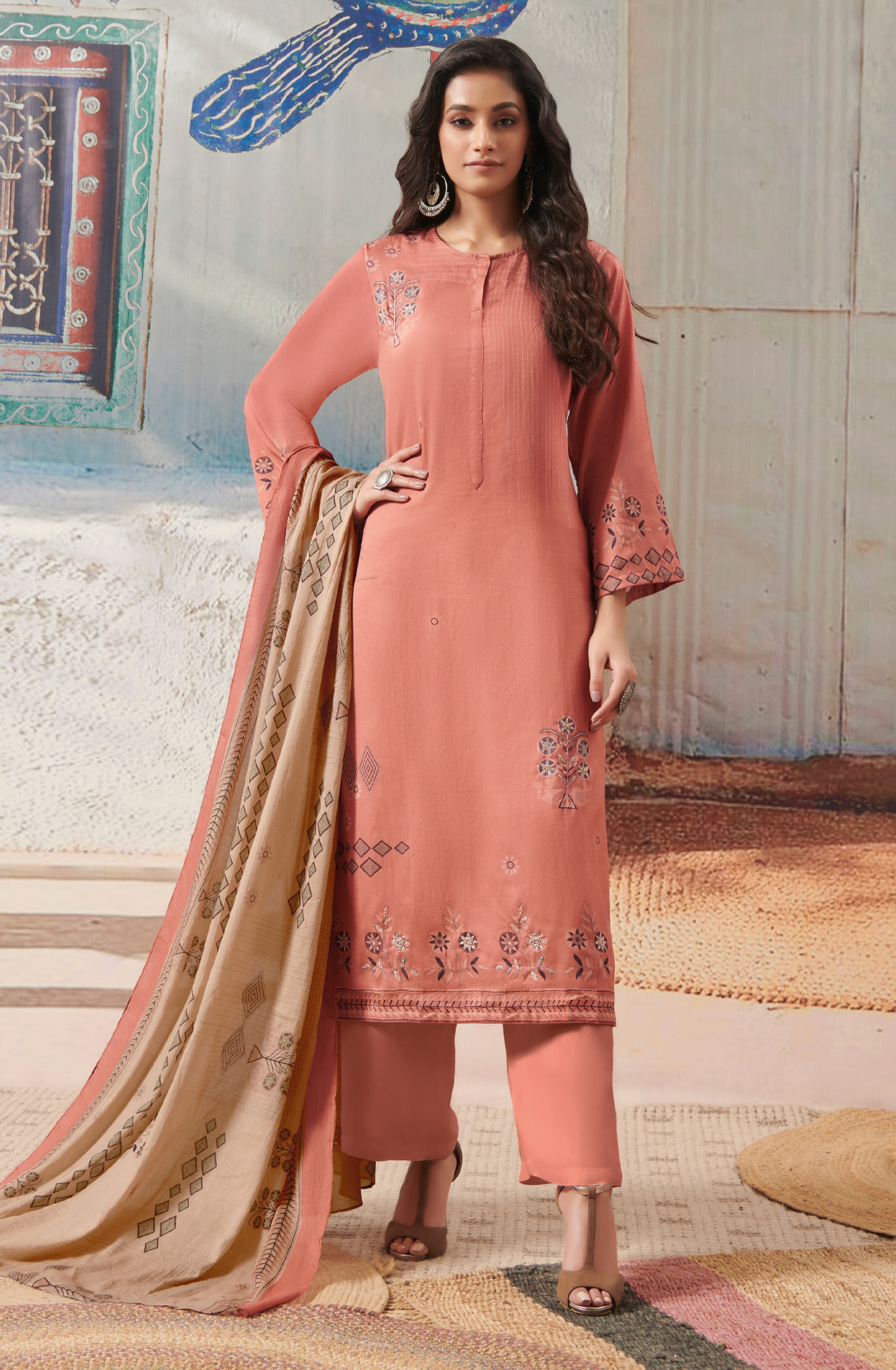 Peach Cotton Unstitched Digital Printed Salwar Suit - ANI835