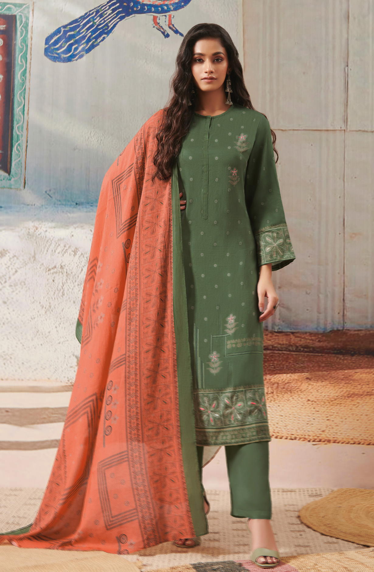 Bottle Green Cotton Unstitched Digital Printed Salwar Suit - ANI871