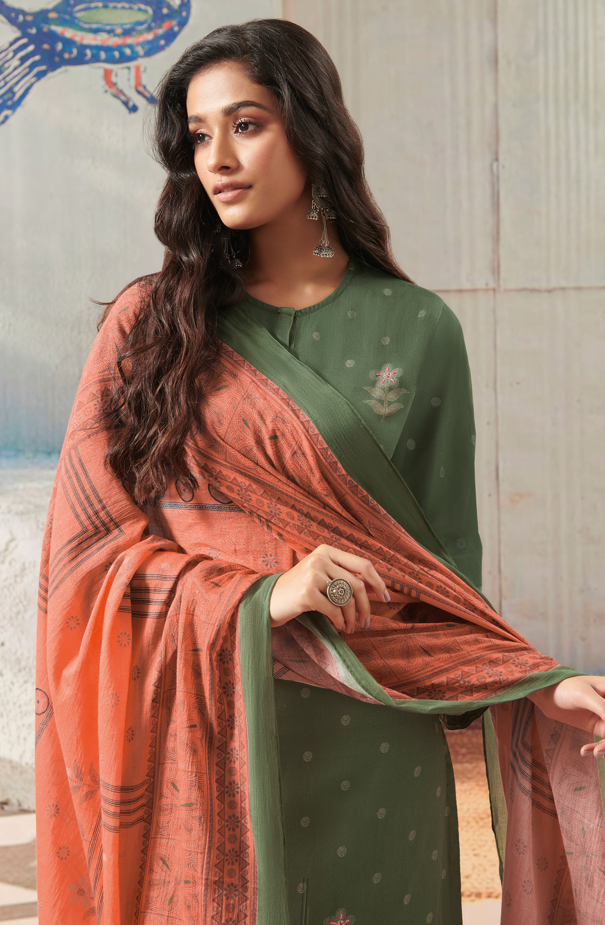 Bottle Green Cotton Unstitched Digital Printed Salwar Suit - ANI871