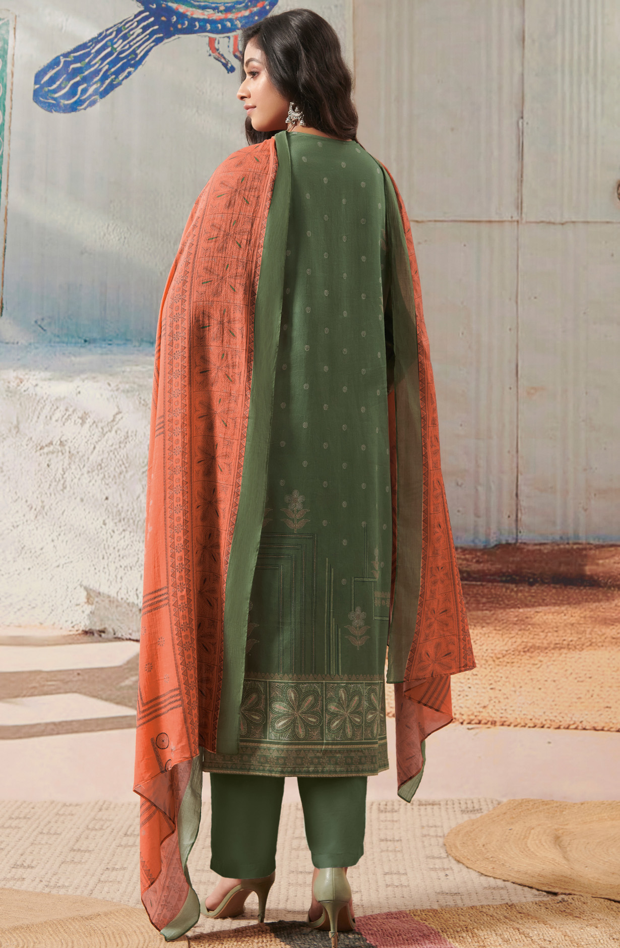 Bottle Green Cotton Unstitched Digital Printed Salwar Suit - ANI871